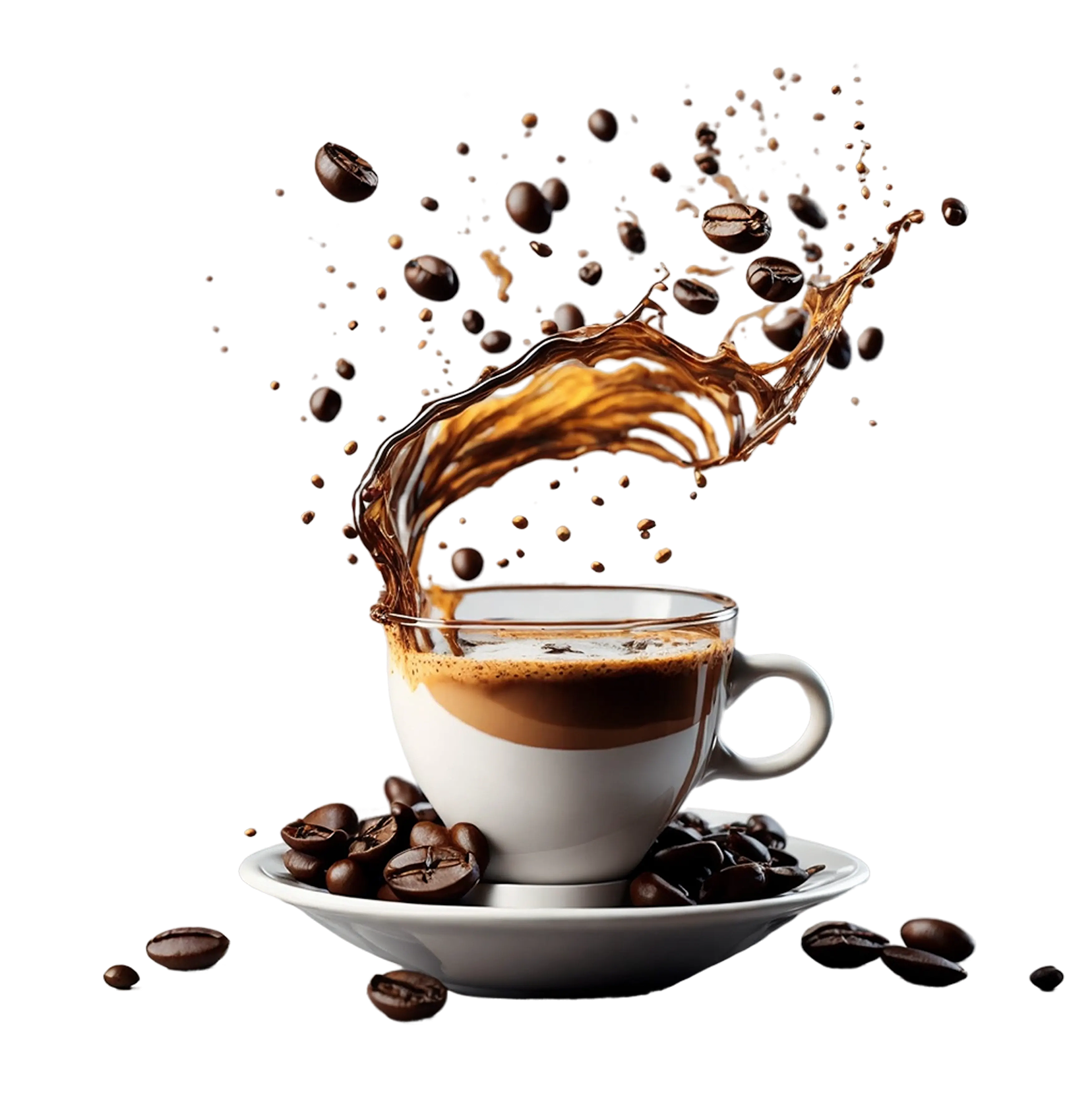 A cup of coffee with coffee beans on a white plate, pouring coffee splash falling into the cup.