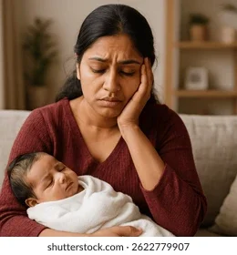 Mother holding a newborn while experiencing a somatic "shut down" response, specifically hypoarousal.