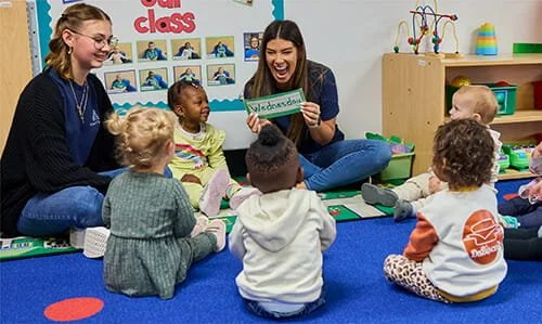 An early childhood educator sitting on the floor in a circle showing a sight word card to a group of preschool children during a group learning activity.