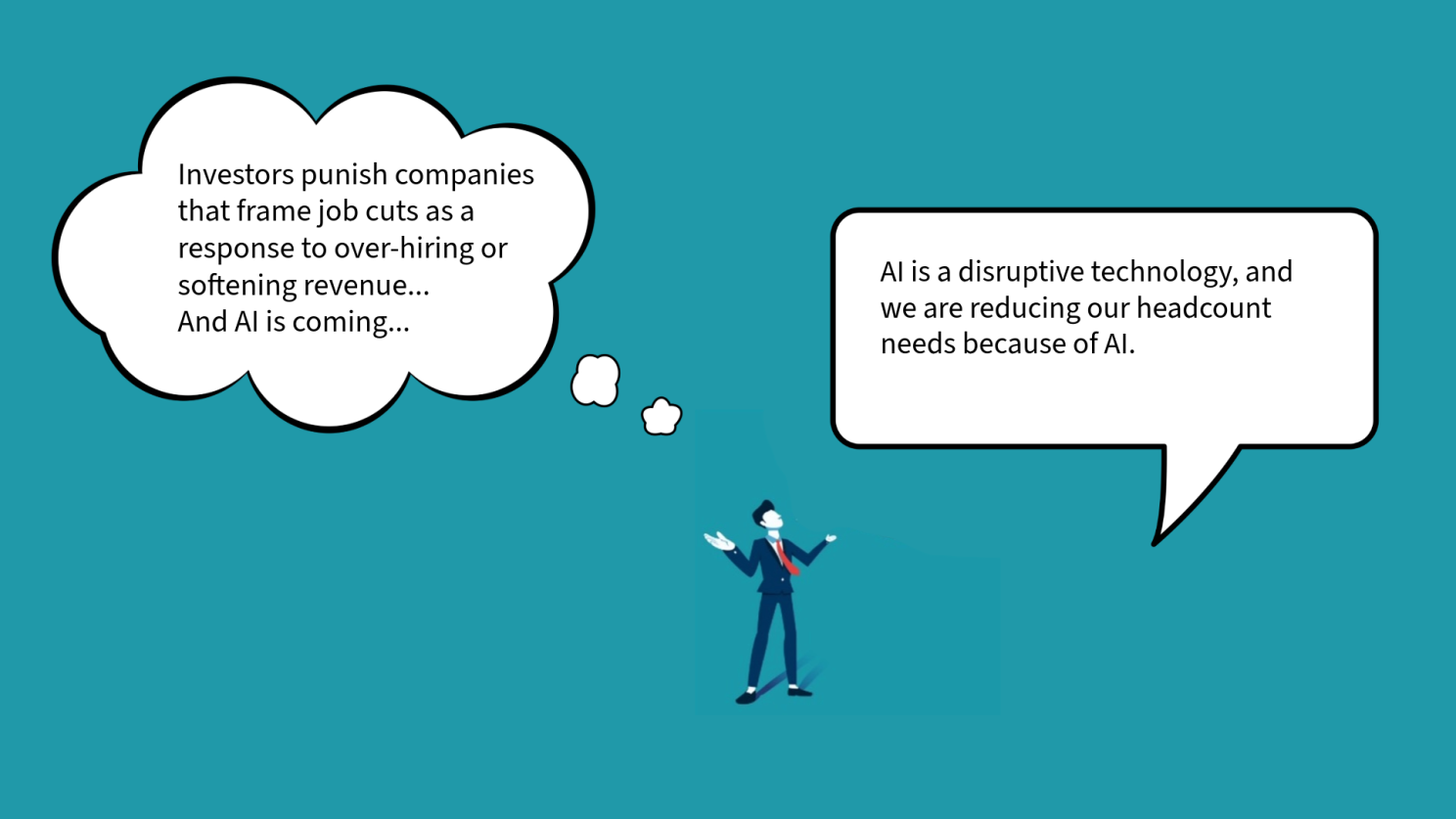 Cartoon person with 2 word bubbles. First says: Investors punish companies that frame job cuts as a response to over-hiring or softening revenue. Second says, AI is a disruptive technology, and we are reducing our headcount because of AI