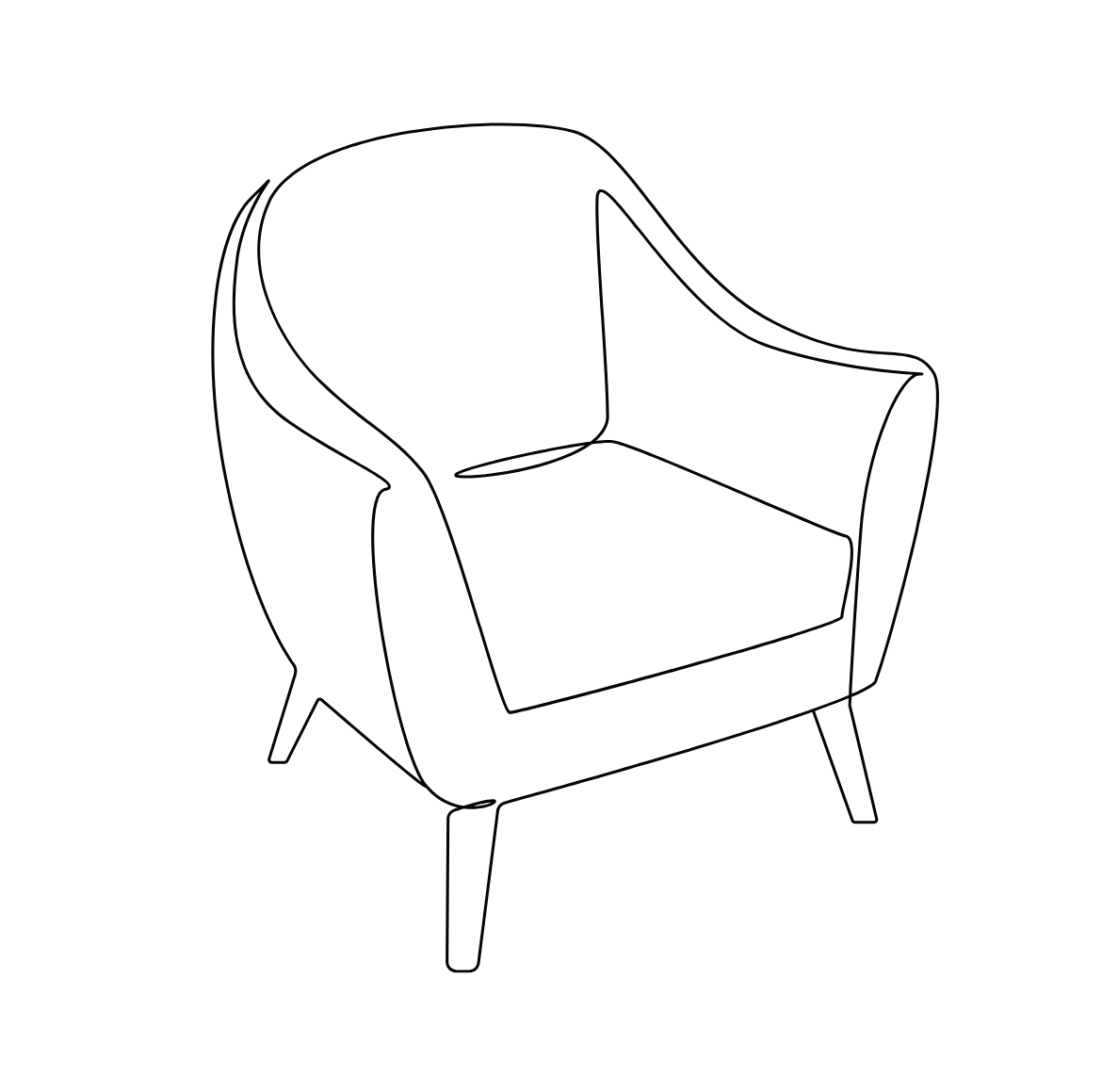 Schizzo di una poltrona con braccioli e gambe di legno.