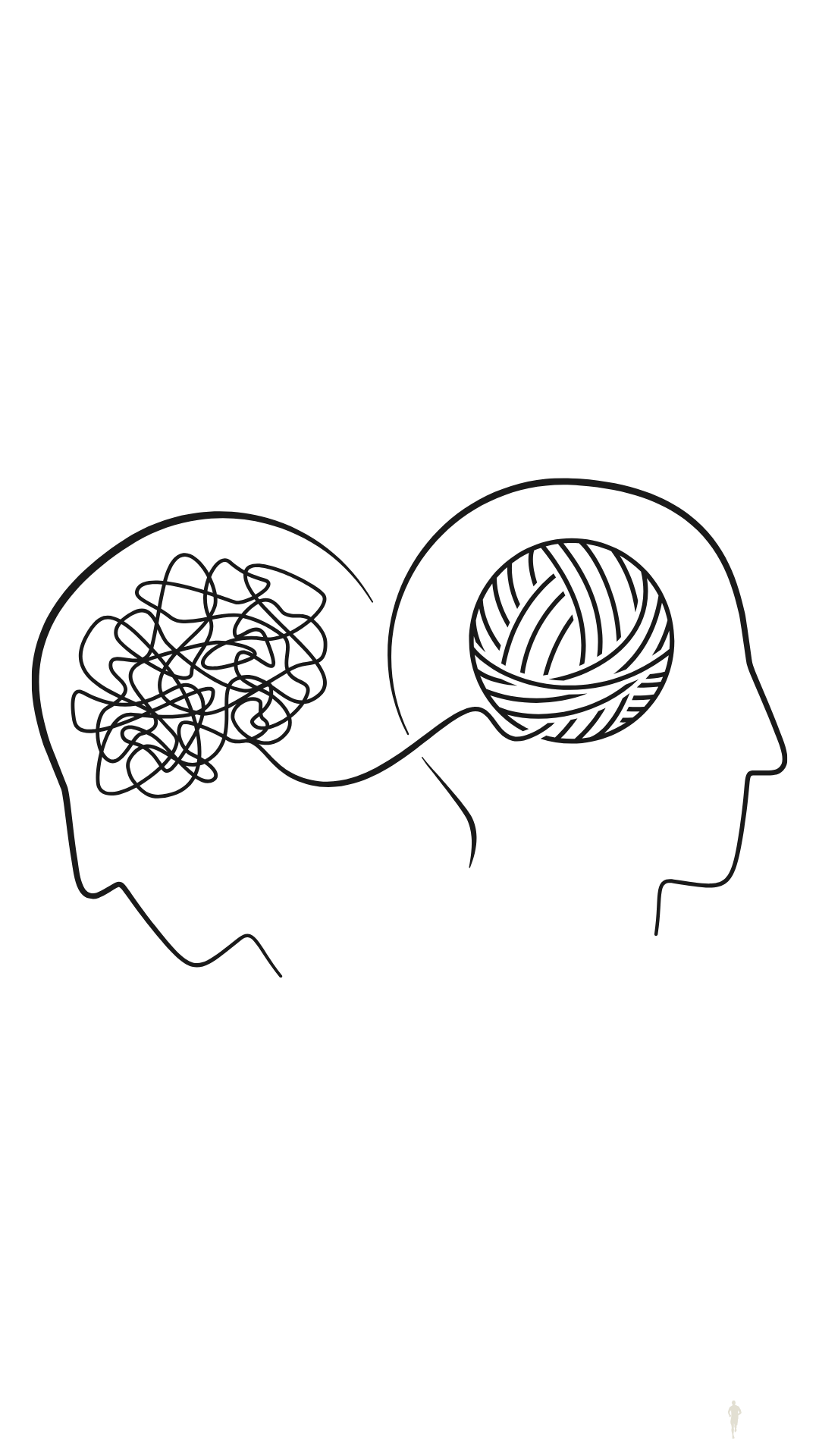 Illustrazione stilizzata di due teste umane, una con un cuore di linee caotiche e l'altra con un gomitolo di lana, con una freccia che mostra il passaggio di idee o pensieri da una testa all'altra.