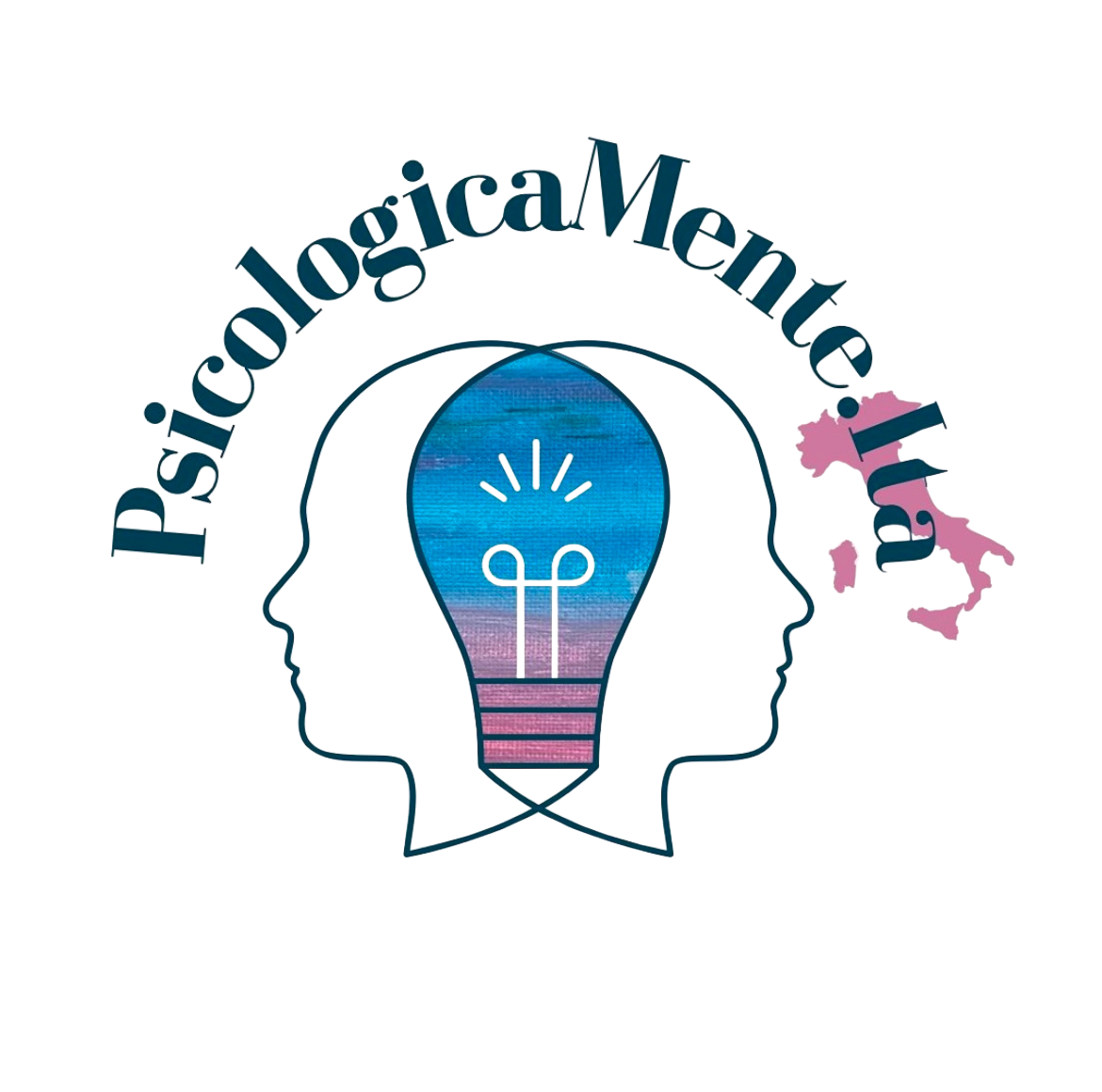 Il logo di PsicoLogic Academy, con due profili umani che si fronteggiano, una lampadina al centro unisce le due figure, con il testo "PsicoLogic Academy" sopra.