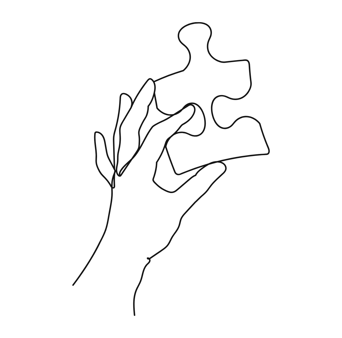 Immagine di una mano che tiene un pez puzzle, disegnata con linee sottili su sfondo nero.