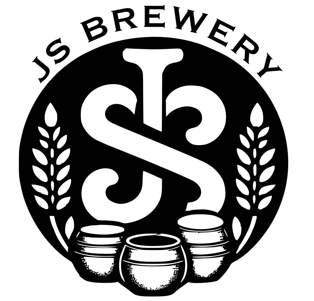 Black and white logo for JS Brewery featuring a large dollar sign with a stylized pipe inside the upper part of the dollar sign, flanked by wheat stalks on each side and several barrels at the bottom.