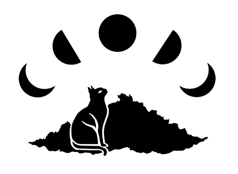 Silhouette of a cat sitting next to a pile of dirt or rocks, with the phases of the moon (full, first quarter, new, last quarter) arranged in a semicircle above.