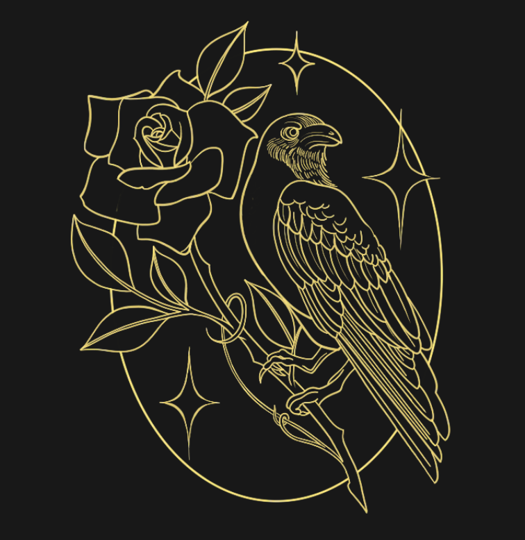 A gold line drawing of a bird sitting on a thorny branch with a large rose, set against a black background, surrounded by star-like sparkles.
