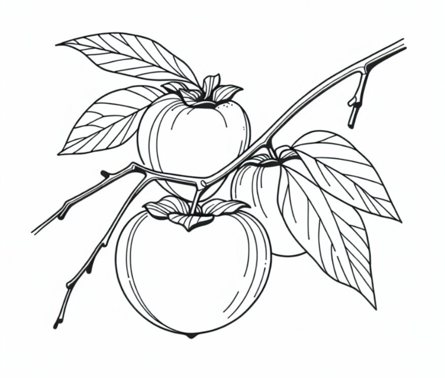 Line drawing of persimmons on a branch with leaves.