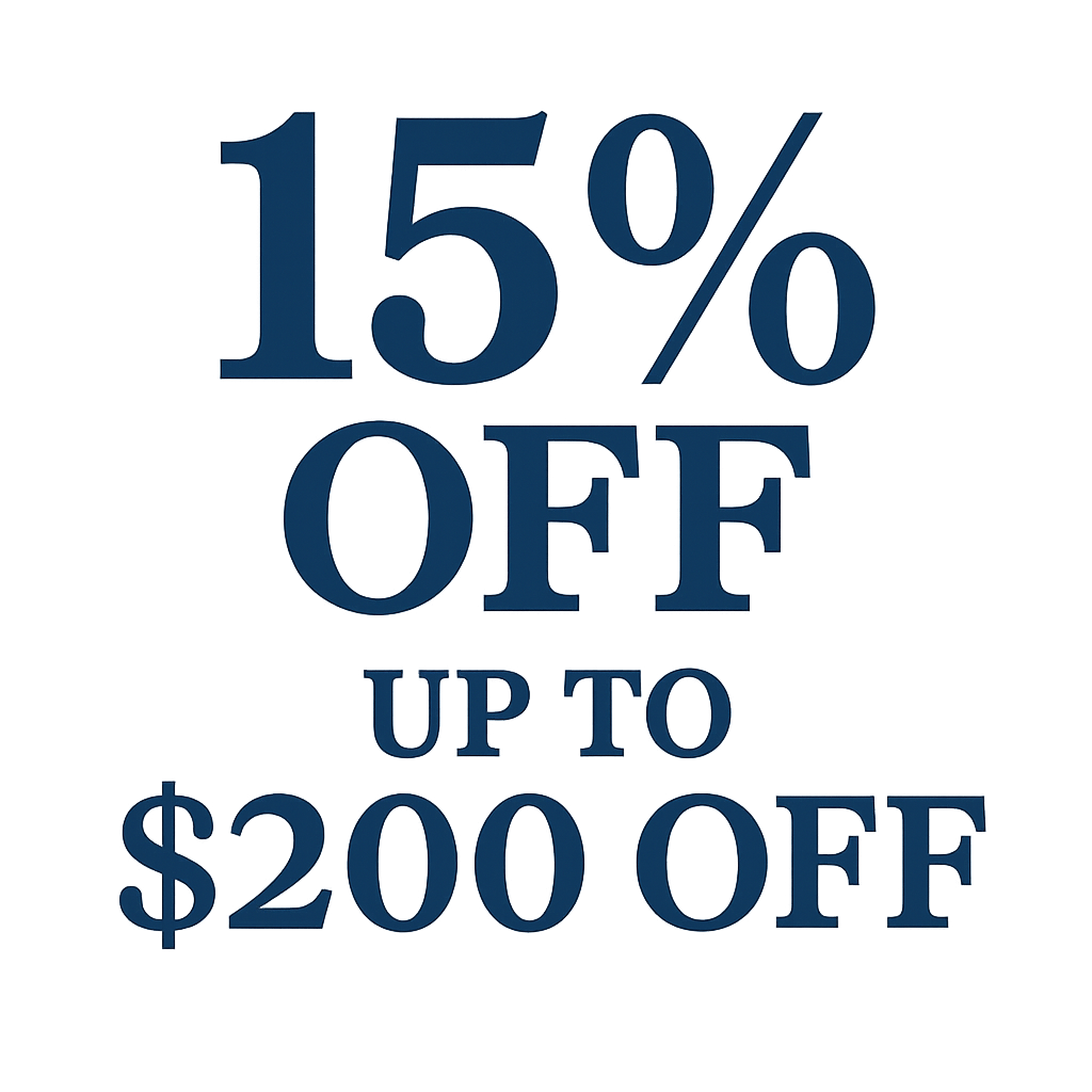 A promotional graphic offering up to 15% off and up to $200 off on purchases.