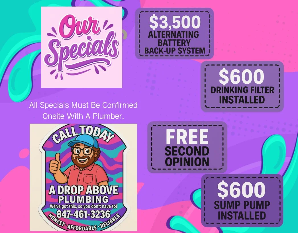 A colorful promotional sign advertising specials for a plumbing service, including a $3,500 battery backup system, $600 drinking filter installation, free second opinion, and $600 sump pump installation, with a cartoon plumber giving a thumbs up.