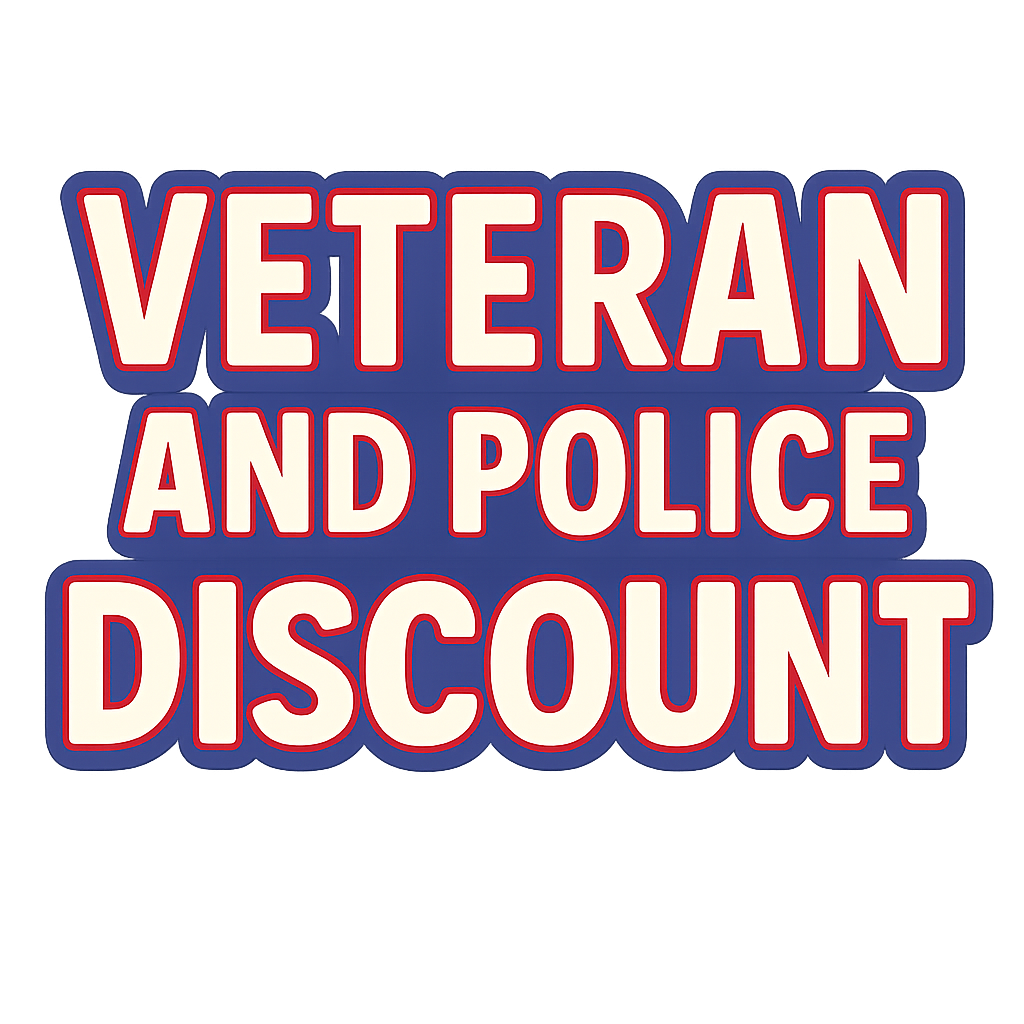 Sign reading "Veteran and Police Discount" in red, white, and blue colors.