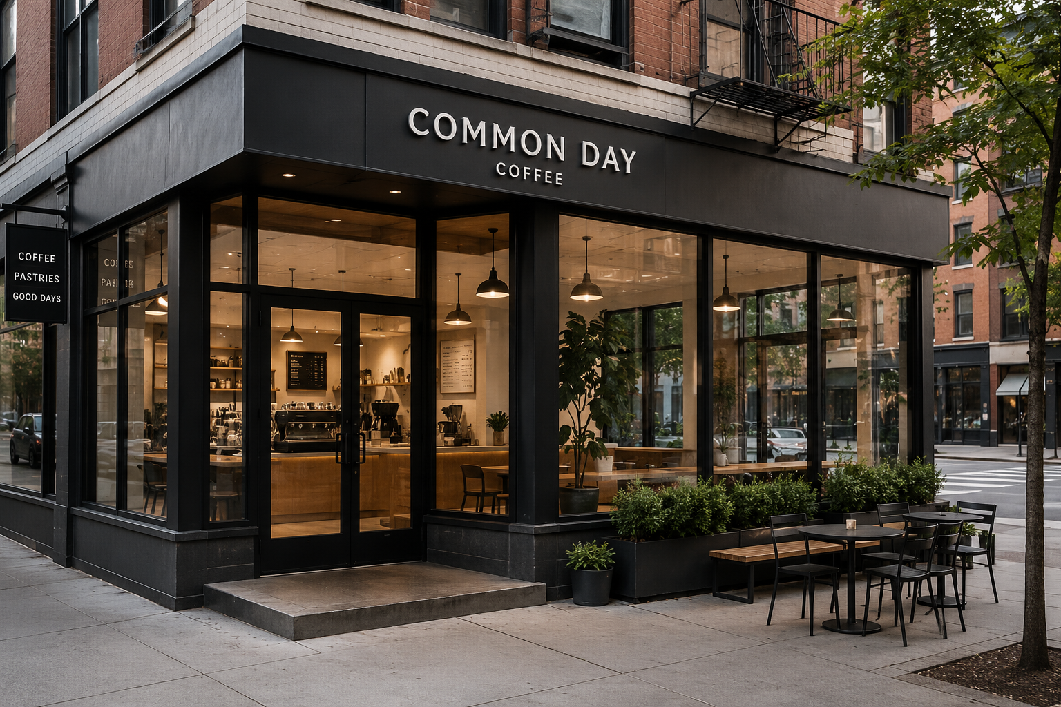 Exterior view of a modern coffee shop called 'Common Day Coffee' with large glass windows, outdoor seating, and a black and wood color scheme.