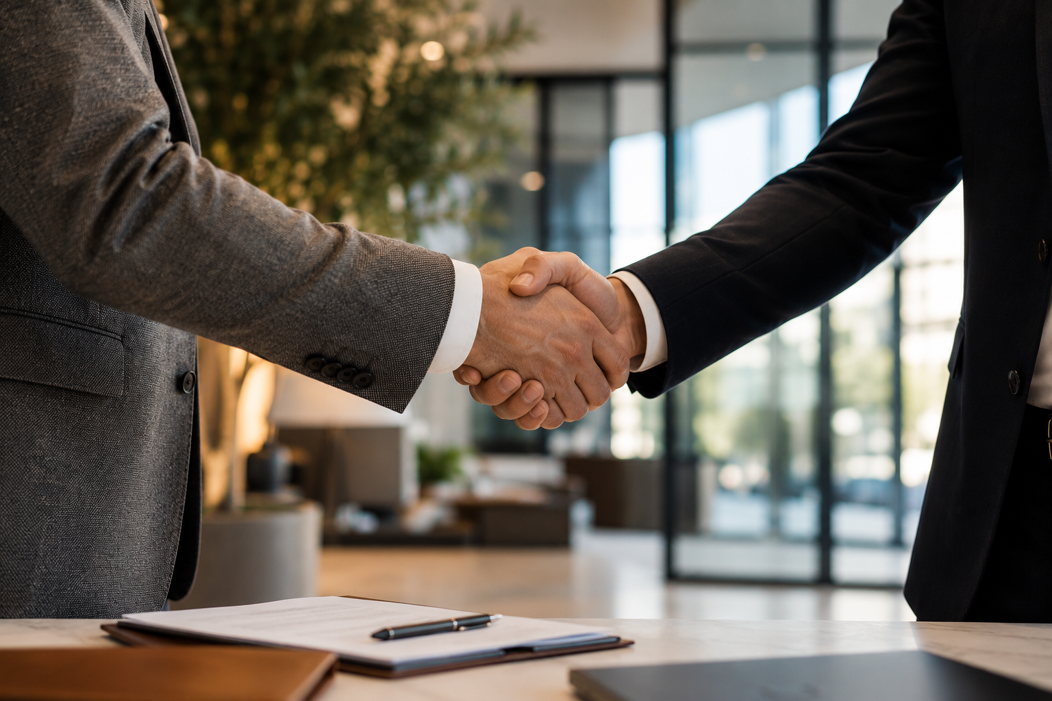 Two people in business suits shaking hands in an office setting with a table, open notebooks, and a pen in the foreground.