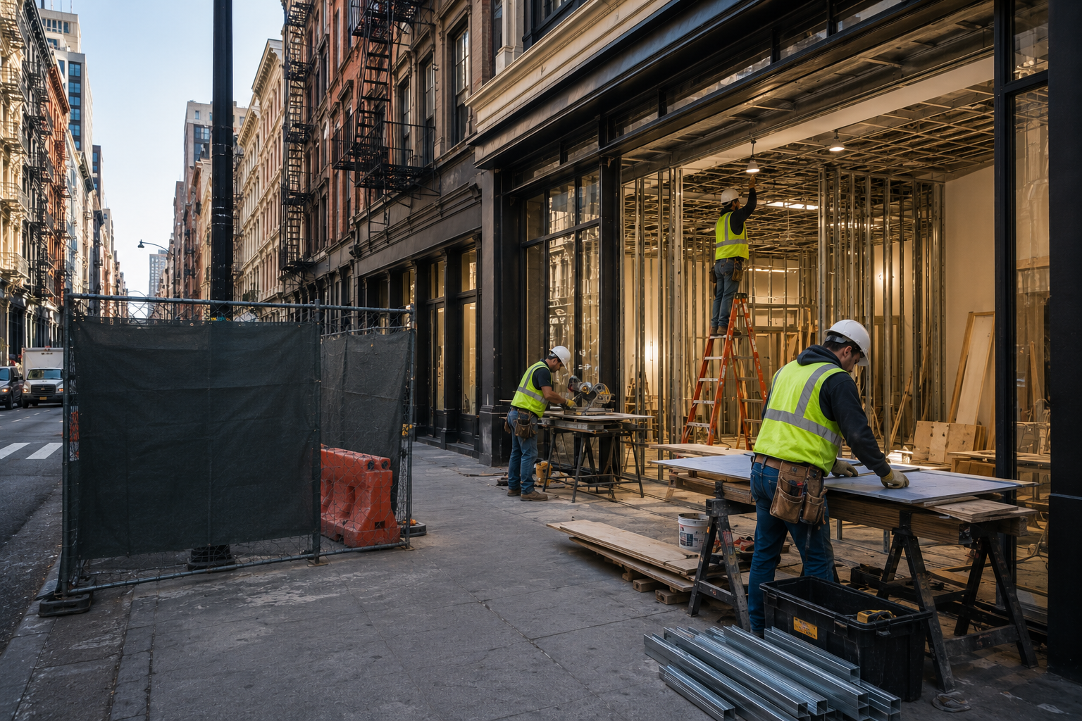 Construction workers in safety vests and helmets working on building a storefront with large glass windows along a city street.