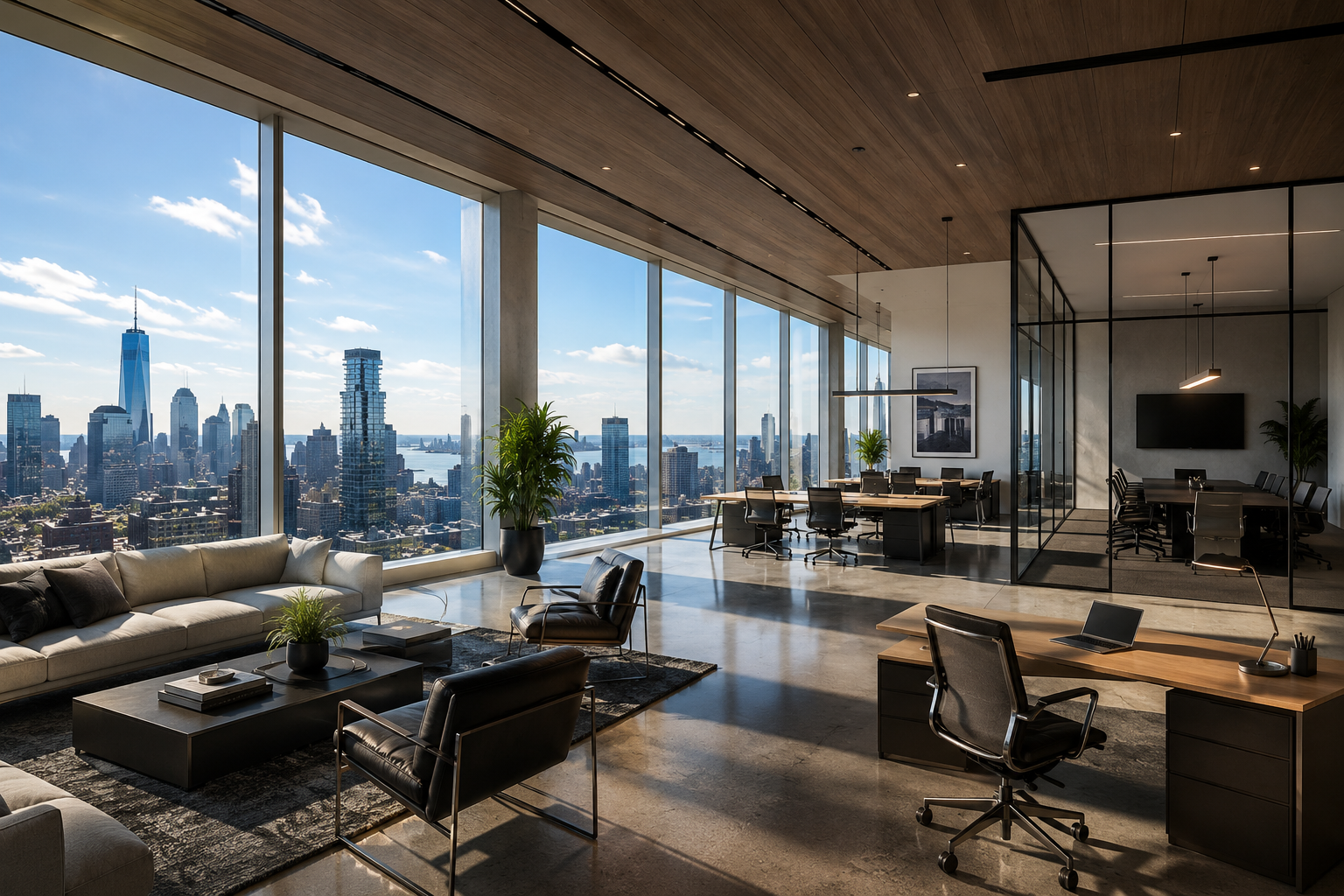 Modern office with large windows offering a city skyline view, featuring a seating area with a couch and chairs, a desk with a laptop, and a conference room with a long table and chairs.
