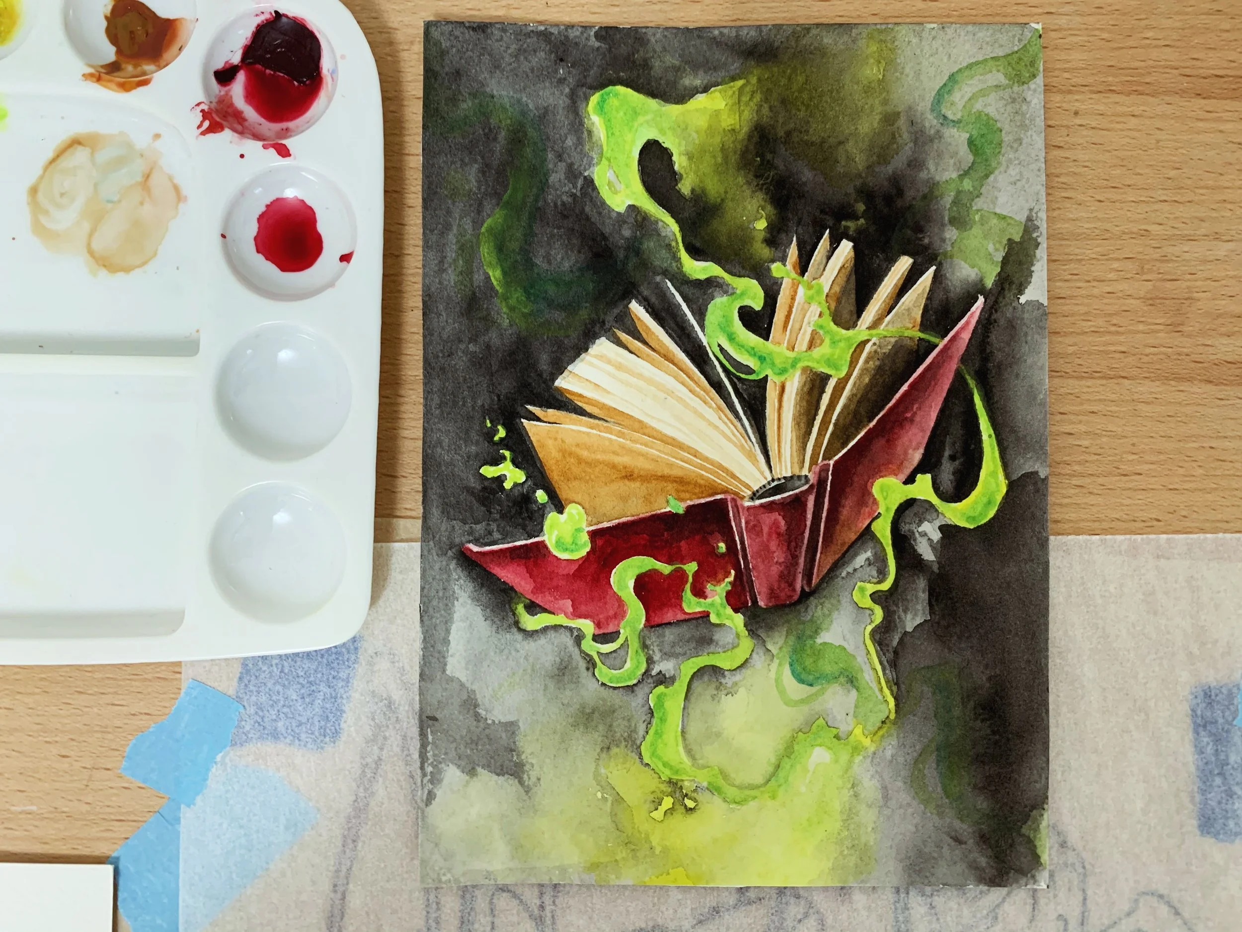 A watercolor painting of an open book with a red cover, with green smoke or energy swirling around it, set against a dark background.