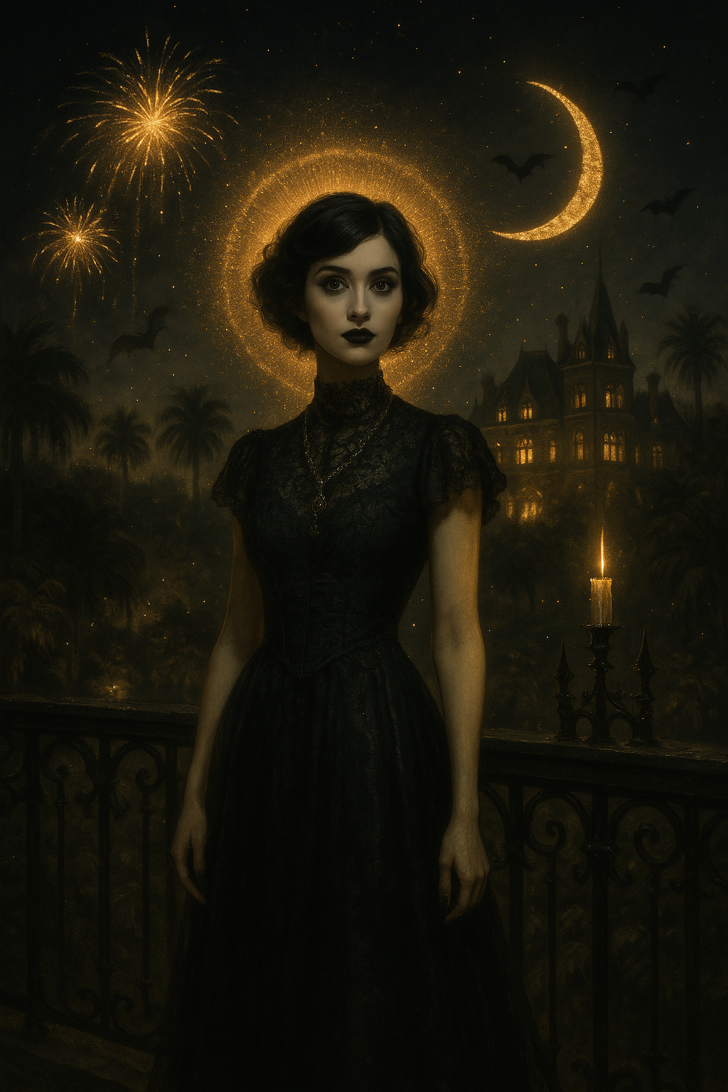 A woman in a black lace dress with short dark hair stands on a balcony at night, with fireworks, a crescent moon, bats, and a castle in the background, illuminated by a single candle.