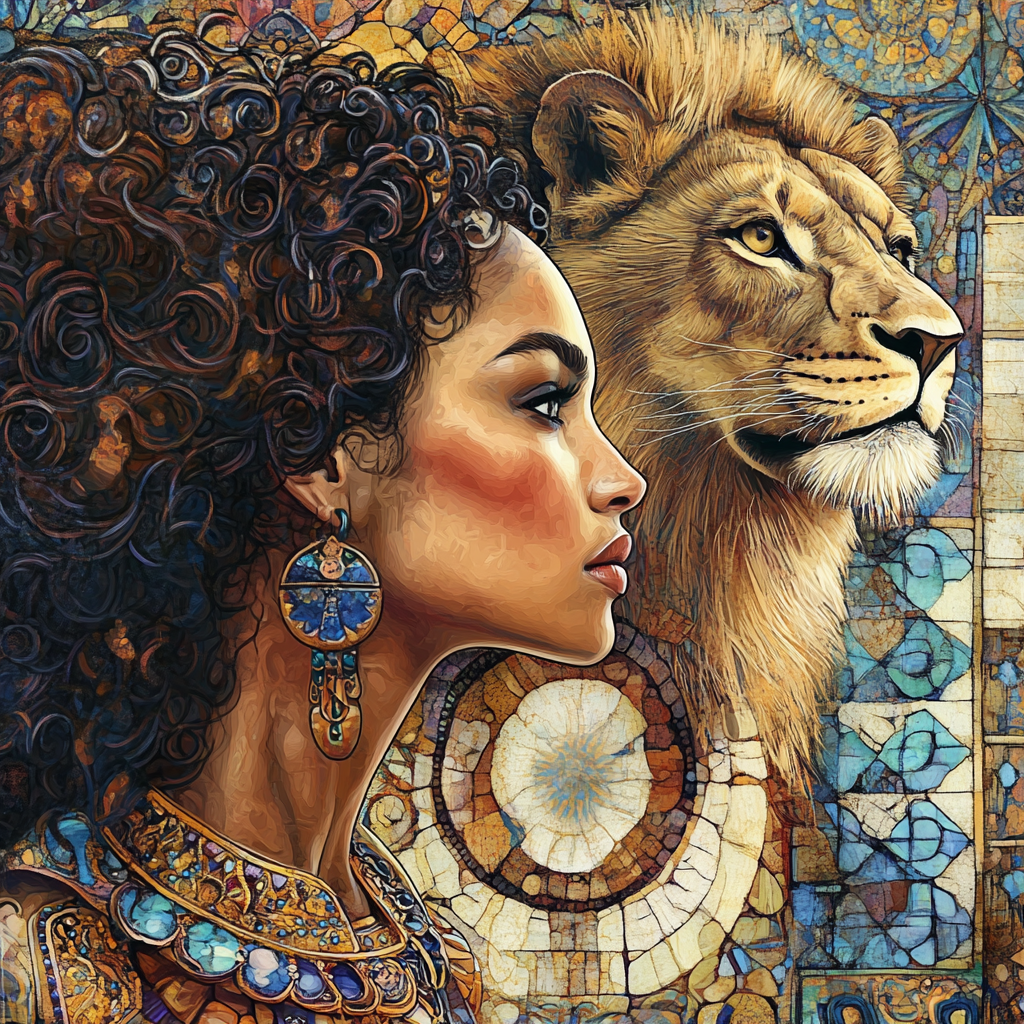 A woman with dark, curly hair and elaborate jewelry, including a large earring and beaded necklace, stands in profile next to a majestic lion. The background features intricate, colorful mosaic patterns.