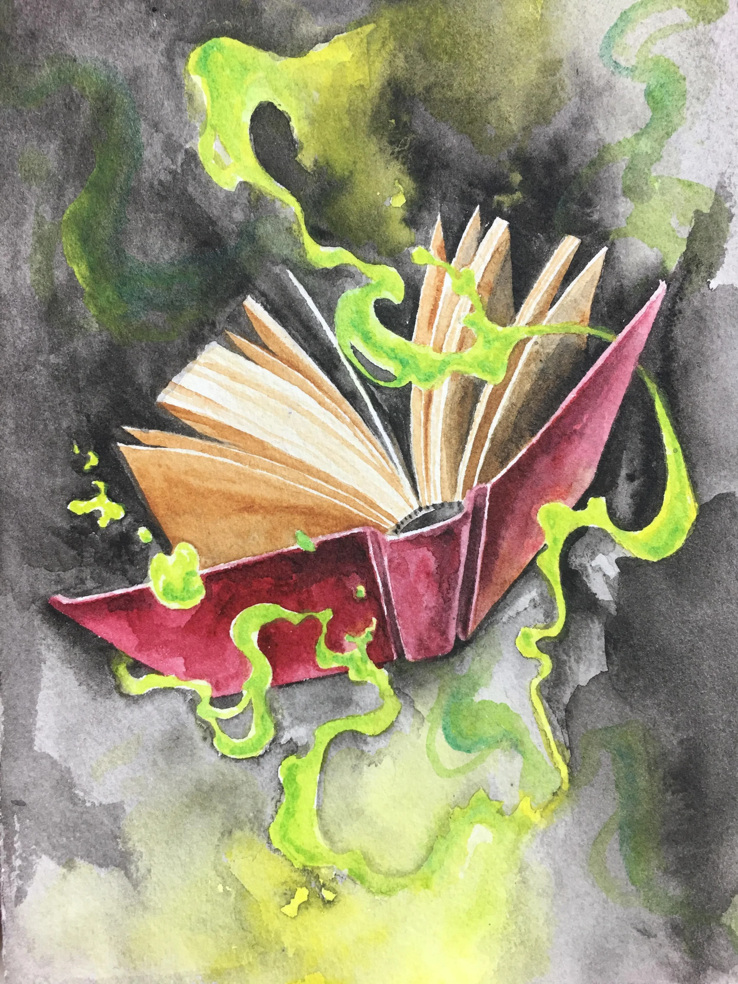 Watercolor image of a book with a red cover opening with green smoke or magical energy swirling around it.