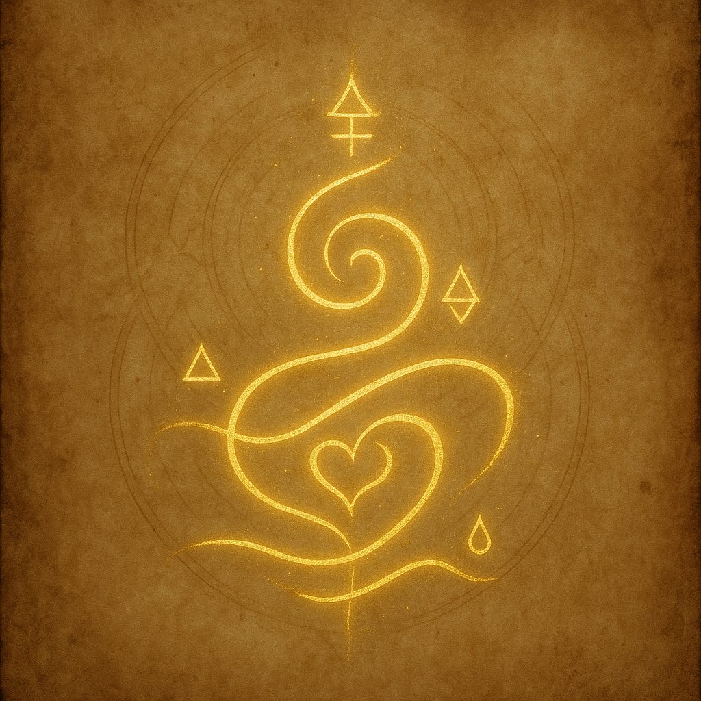 Golden glowing mystical symbol with a spiral, heart, triangles, and drop shapes on a textured background.