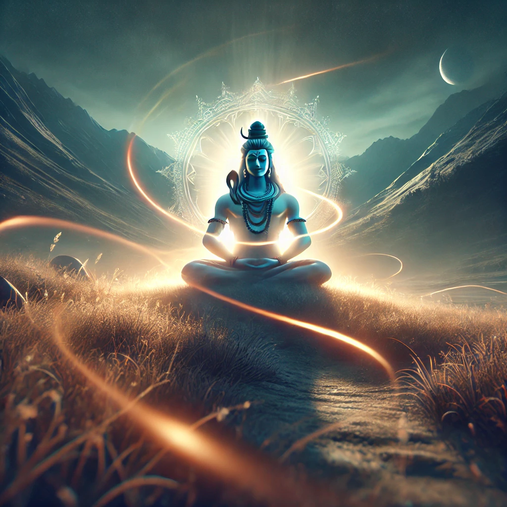 A meditative figure sitting cross-legged in a scenic landscape with mountains and a river under a sky with a crescent moon, surrounded by glowing light and abstract patterns.