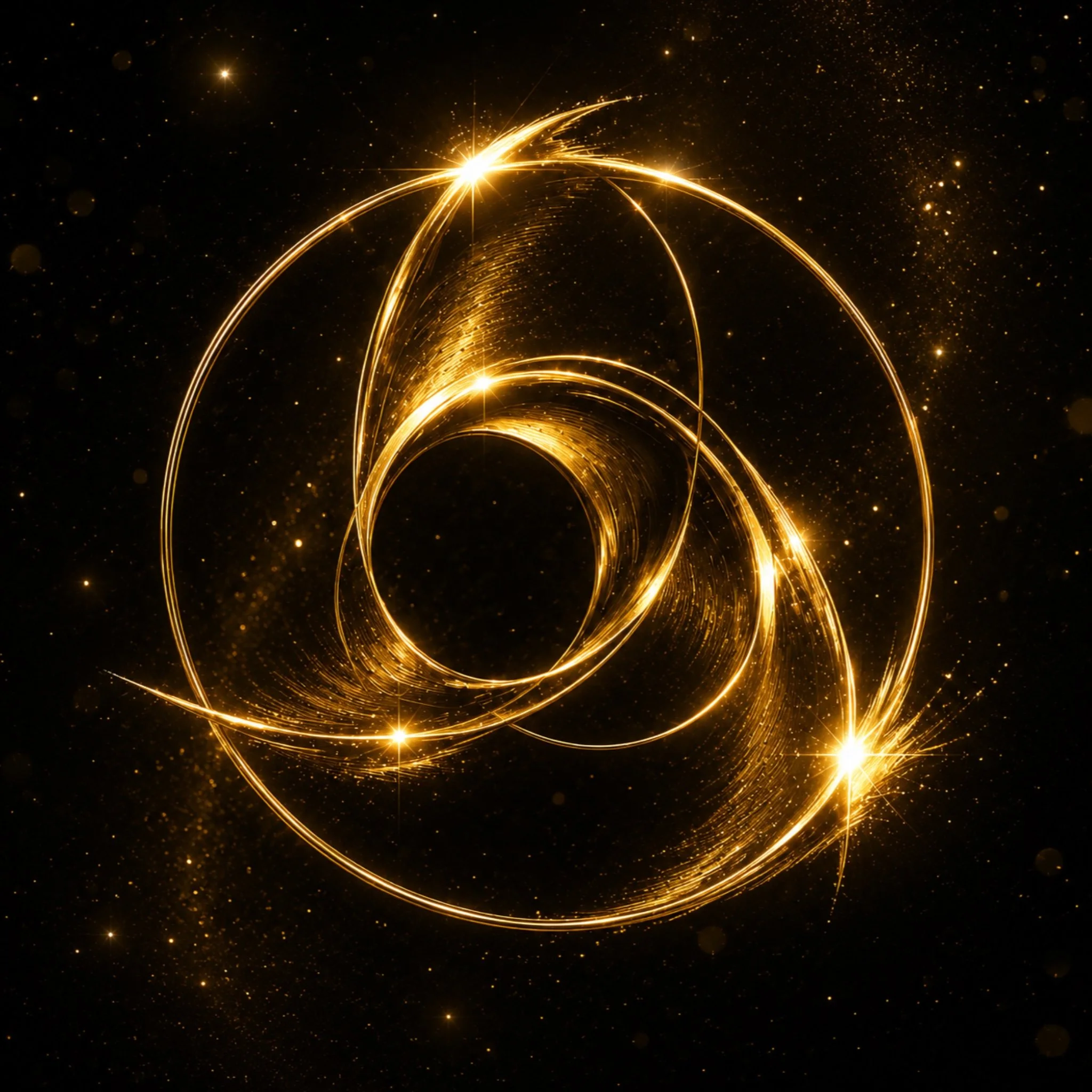 Golden sparks and light trails swirling in a spiral pattern against a black background, resembling a dynamic cosmic or fireworks display.