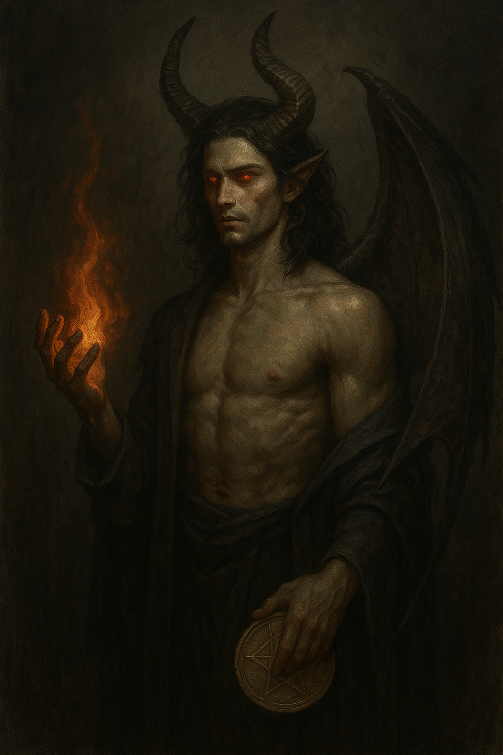 A dark fantasy illustration of a humanoid demon with horns, wings, and glowing red eyes, holding a fiery flame in one hand and a magical coin in the other.