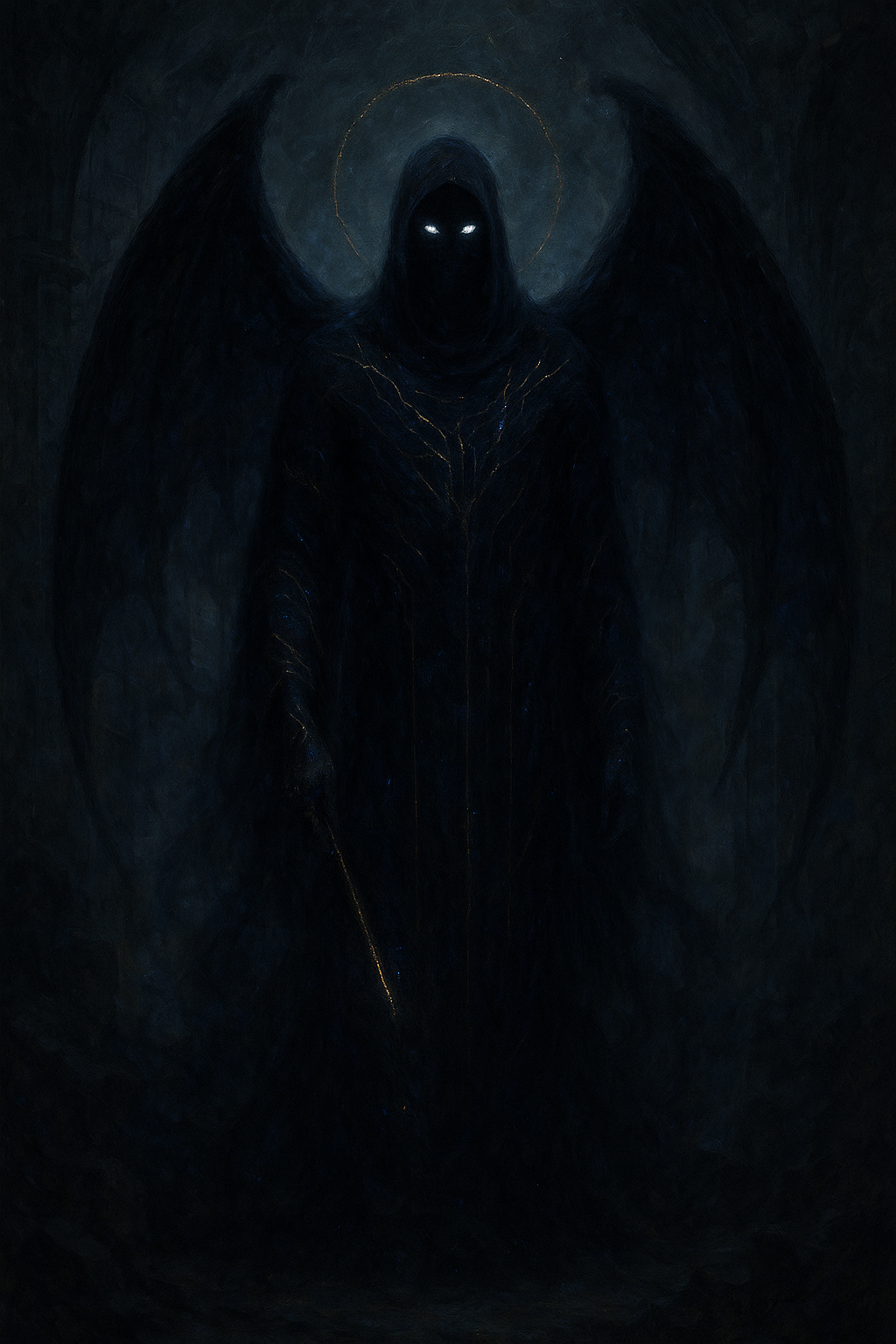 A dark, angelic figure with glowing eyes, black wings, and golden accents, surrounded by a faint golden halo.