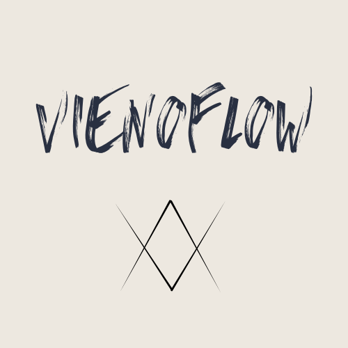 The image features the word 'VIENOFLOW' in stylized handwritten font at the top, and a minimalist geometric logo of earth and sky uniting consisting of two overlapping triangles and a diamond shape below, on a light-colored background.