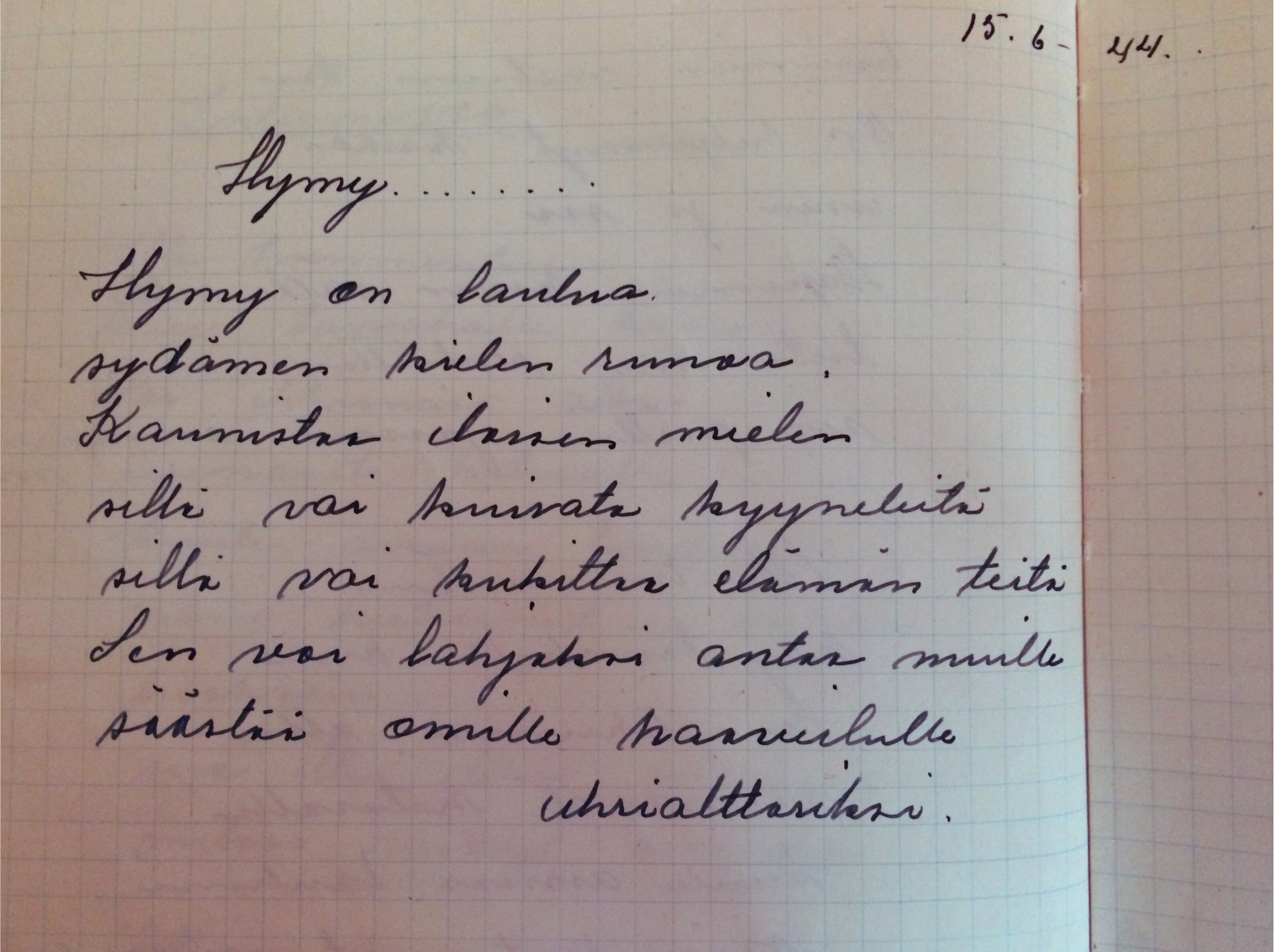 A handwritten poem in a notebook, with grid paper background. The poem is written in cursive script and the date '15.6.44' is noted in the top right corner.