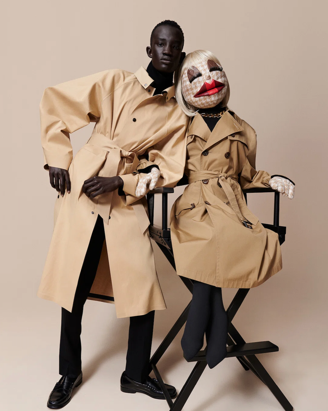 Vestiaire Collective campaign image featuring a beige trench coat look and styled mannequin against a neutral backdrop.