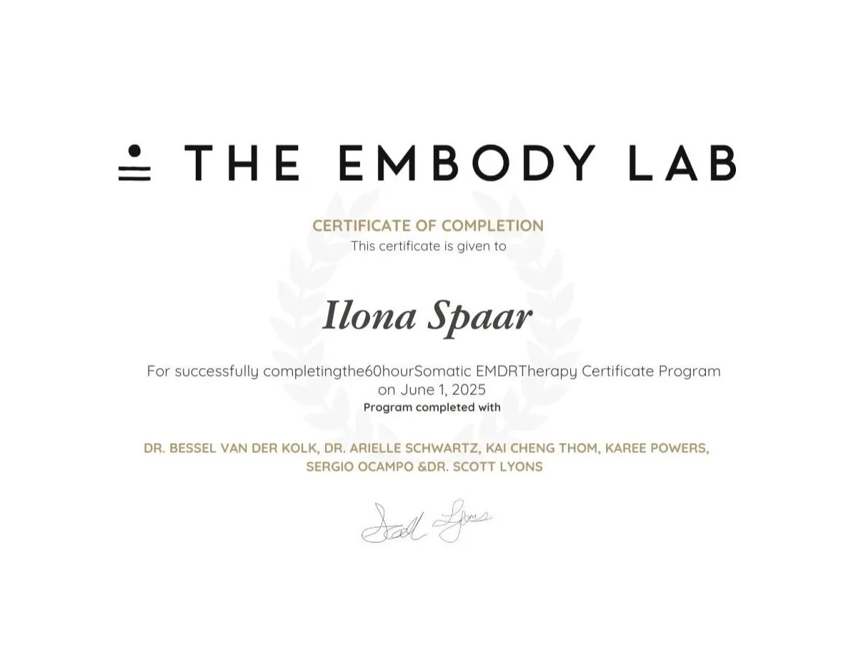 Certificate of completion from The Embody Lab awarded to Ilona Spaar on June 1, 2025, for completing the 60-hour Somatic EMDR therapy certificate program.