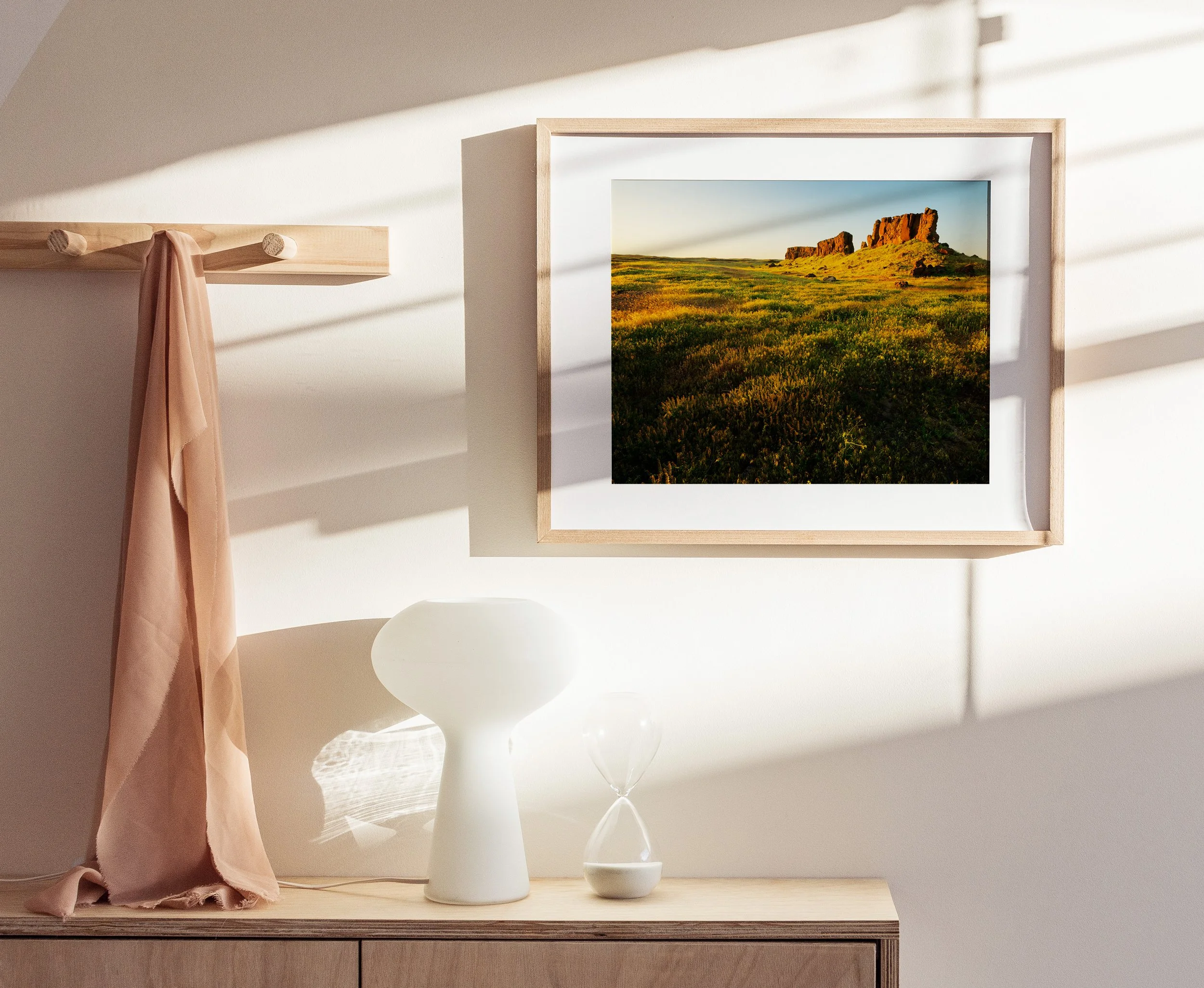 Fine art print of basalt butte towering over grassland, Columbia Plateau, Washington