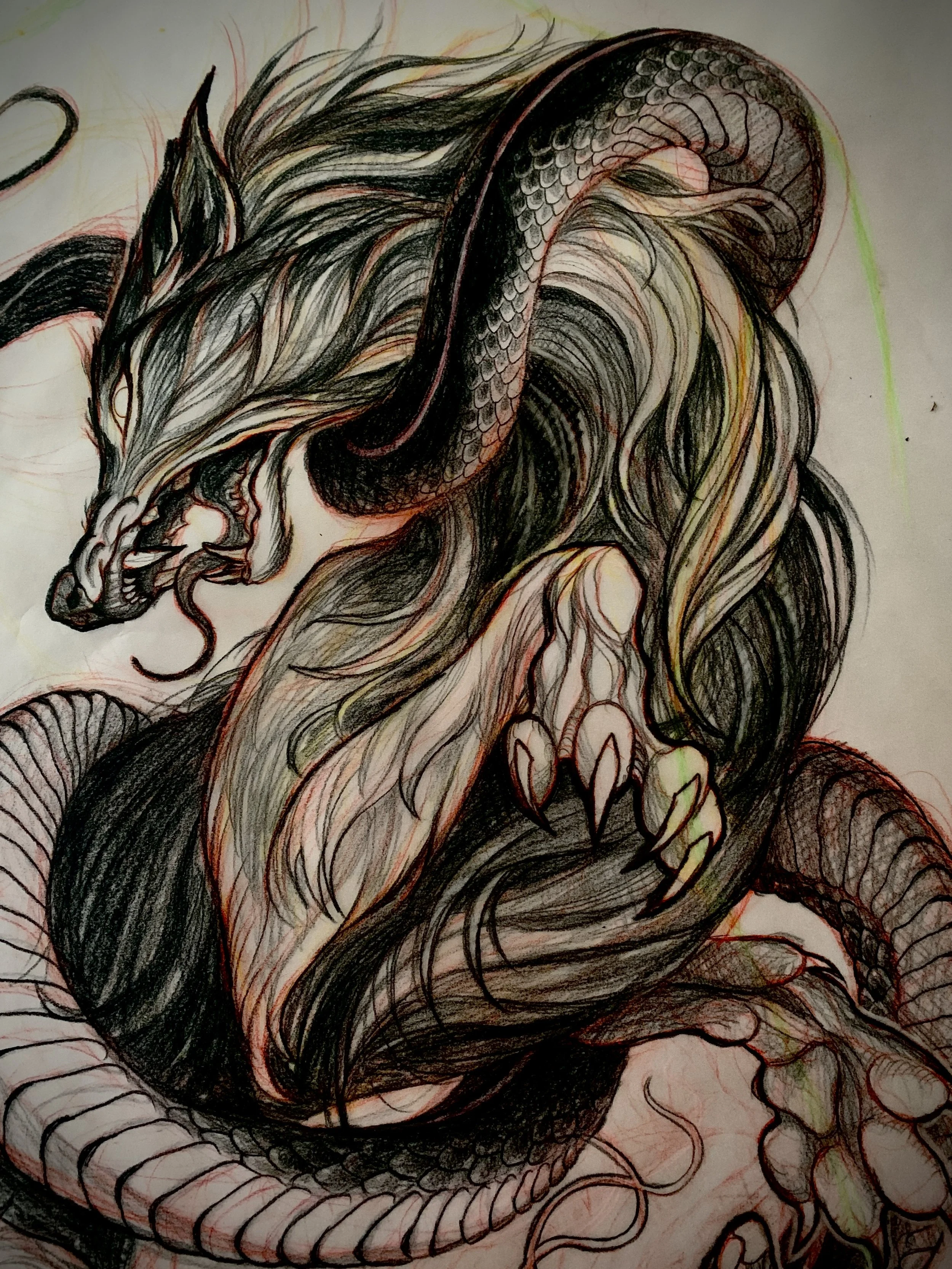 A detailed drawing of a wolf with a fierce expression and sharp claws fighting a large snake.