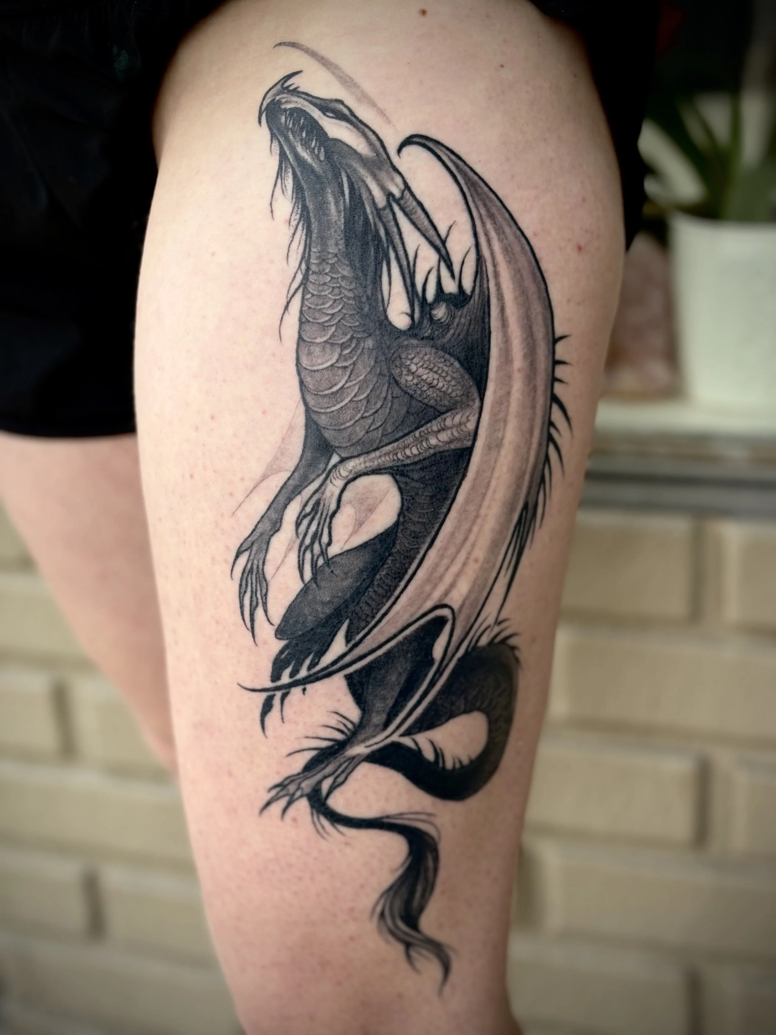 Black and gray tattoo of a dragon on a person's thigh.