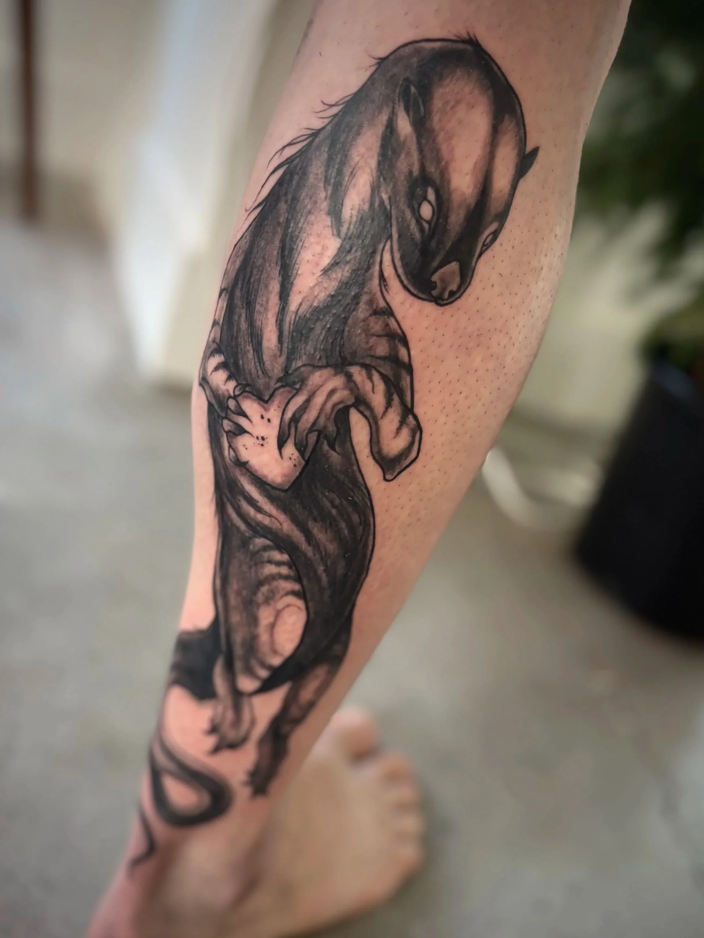 Black and grey tattoo of a creepy otter holding a heart shaped rock on a person's leg, with a detailed and shaded stylized design.