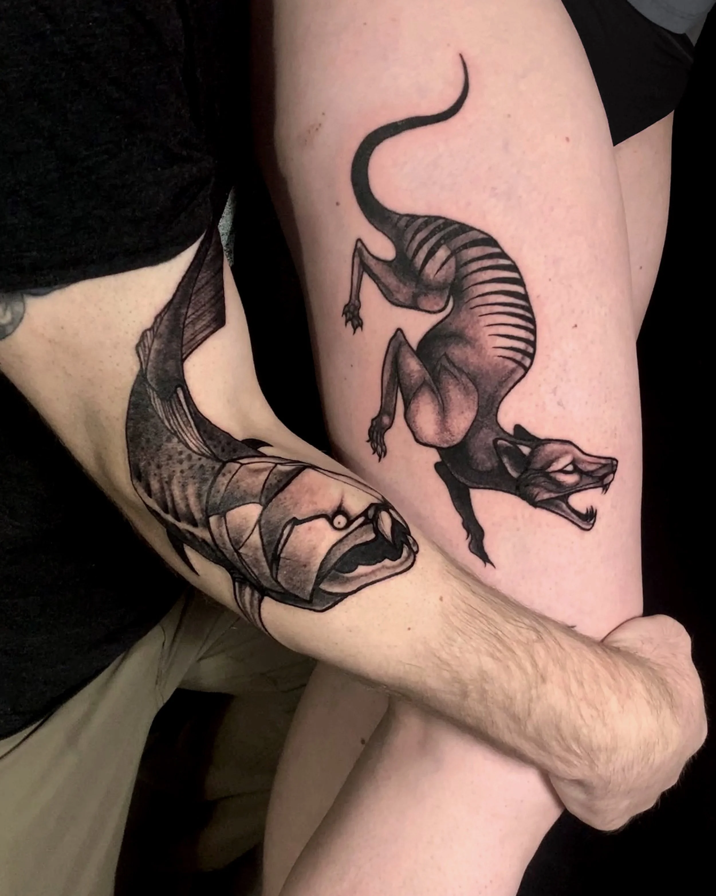 Tattoo of a fish on the person's forearm and a tattoo of a hyena on the person's thigh.