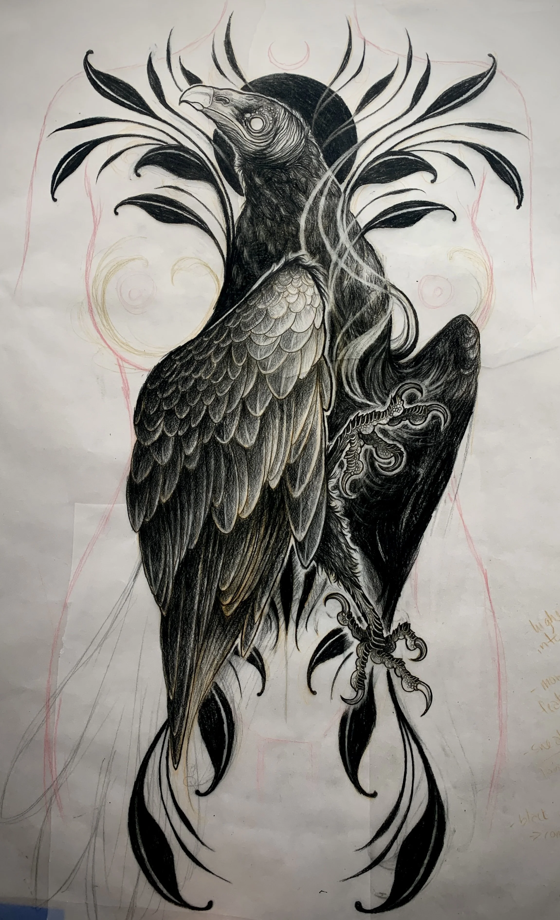 Black and white drawing of a vulture with detailed feathers, surrounded by ornamental leaf designs, with a dark circle and crescent shape behind its head.