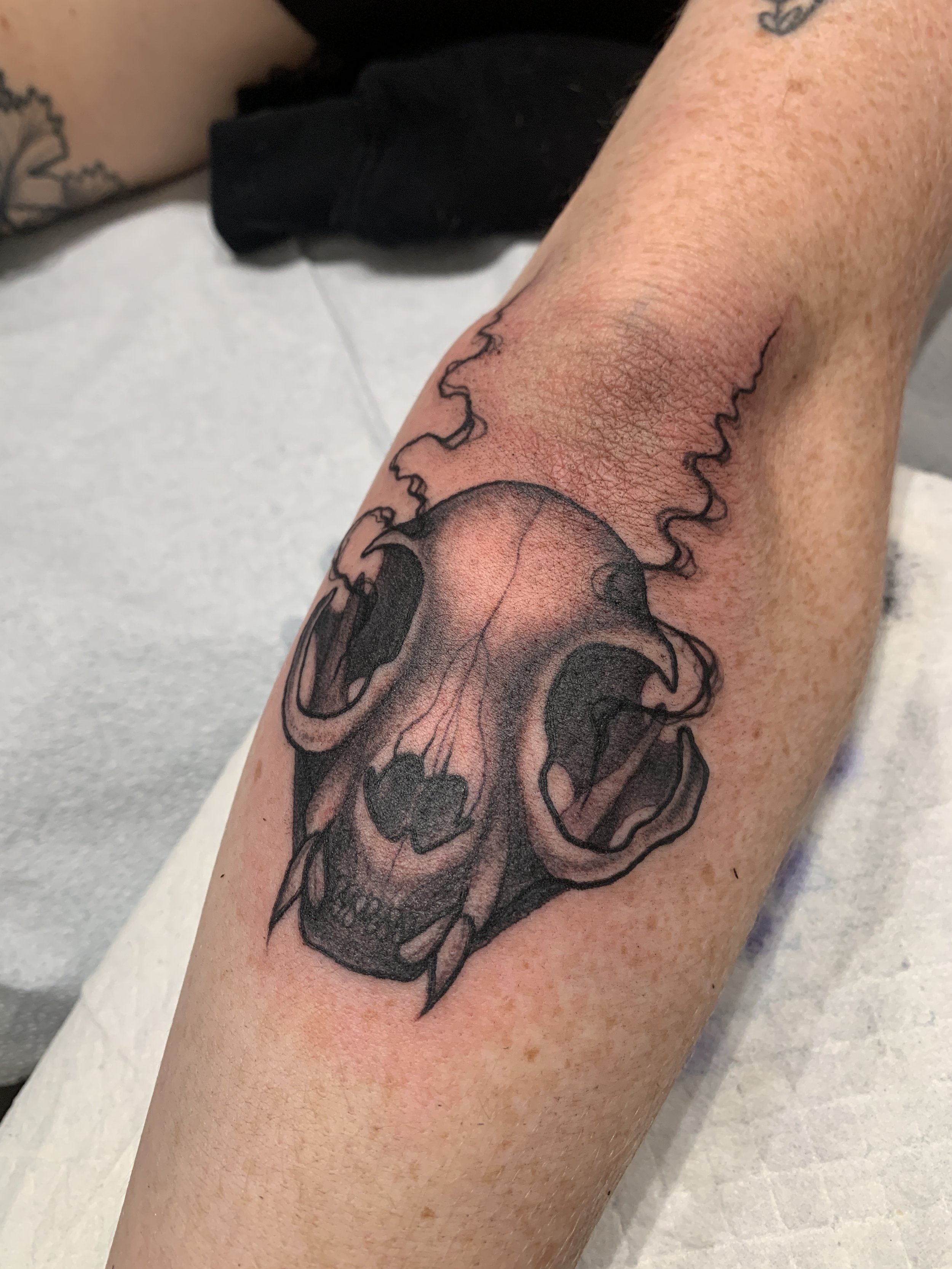 A tattoo of a cat skull on a person’s forearm, with smoke or vapor rising from the top, done in black ink with detailed shading.
