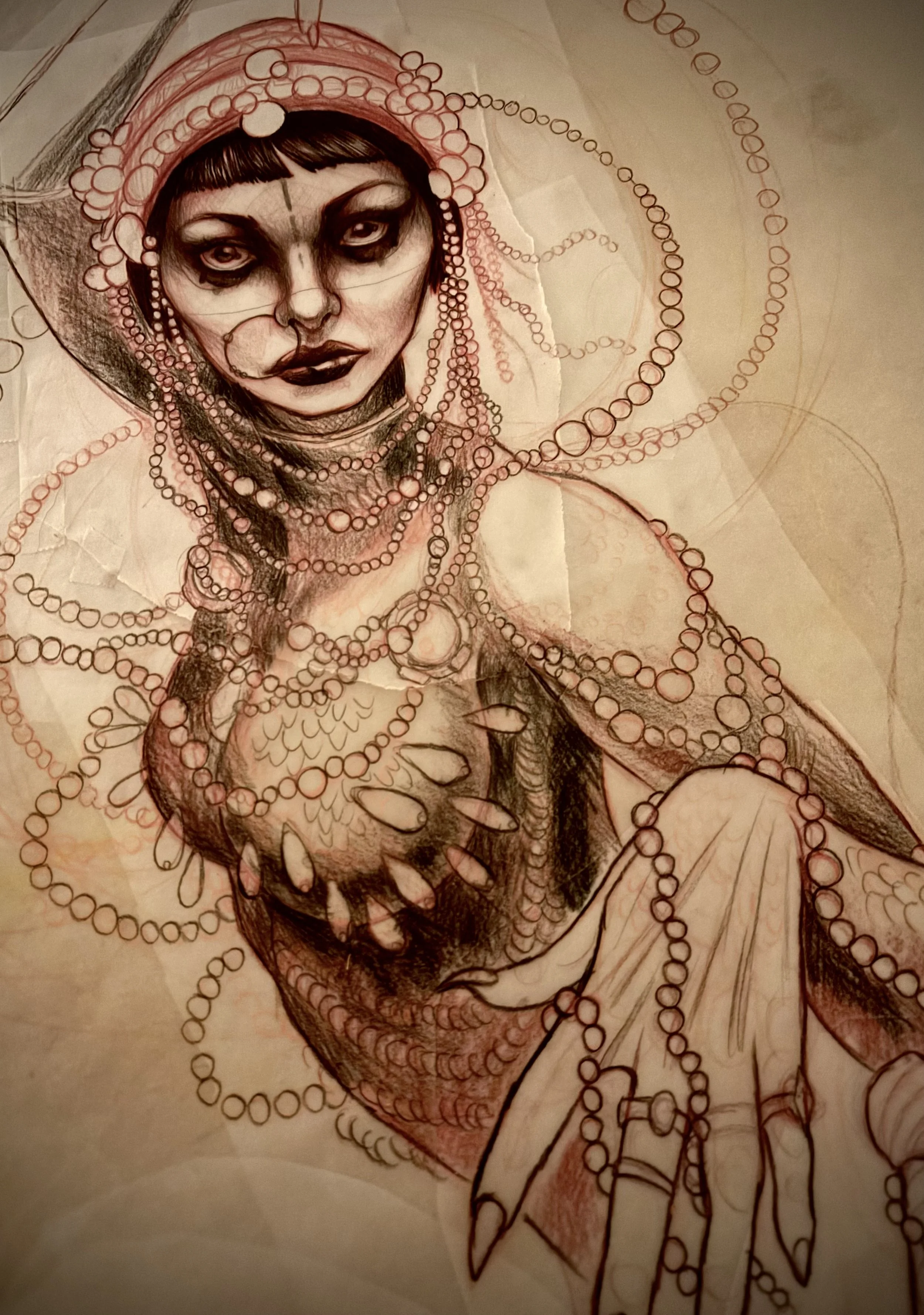 A detailed sketch of a woman with dark eye makeup, wearing head jewelry and multiple beaded necklaces. The drawing combines realistic facial features with abstract, decorative elements, including beads and scales, with her hand resting on her chest.