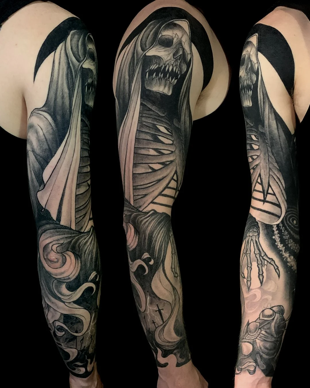 Black and grey tattoo sleeve featuring a skeletal Grim Reaper with a hood, with a ghostly face, holding a scythe, surrounded by dark clouds and swirling smoke, taking the soul of an injured knight at his feet.