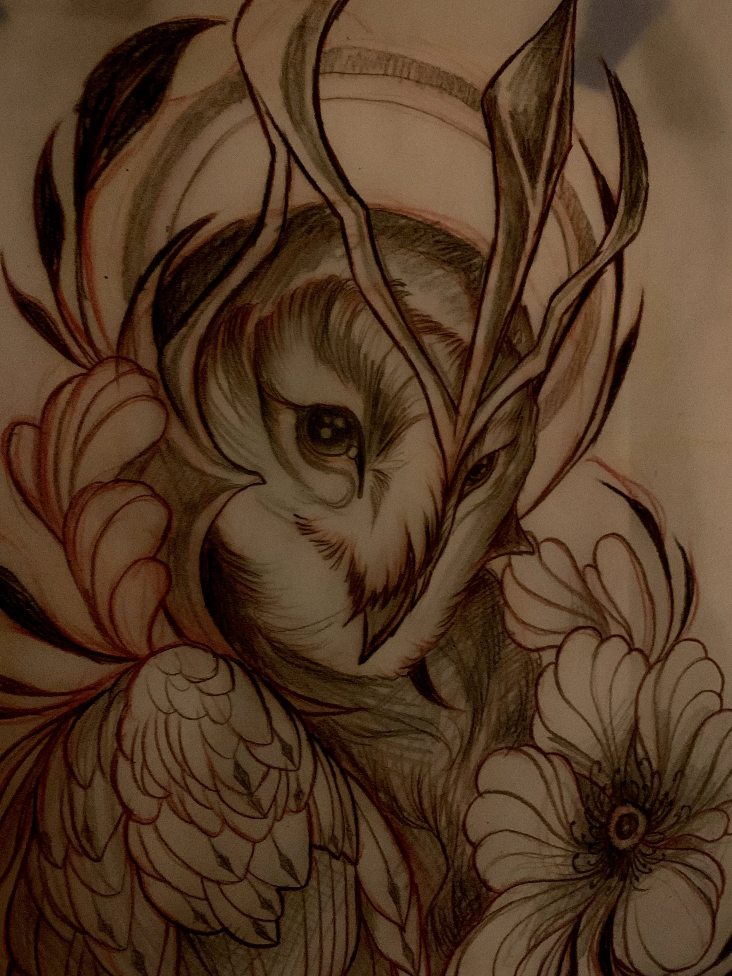 A detailed drawing of an owl surrounded by flowers and foliage.