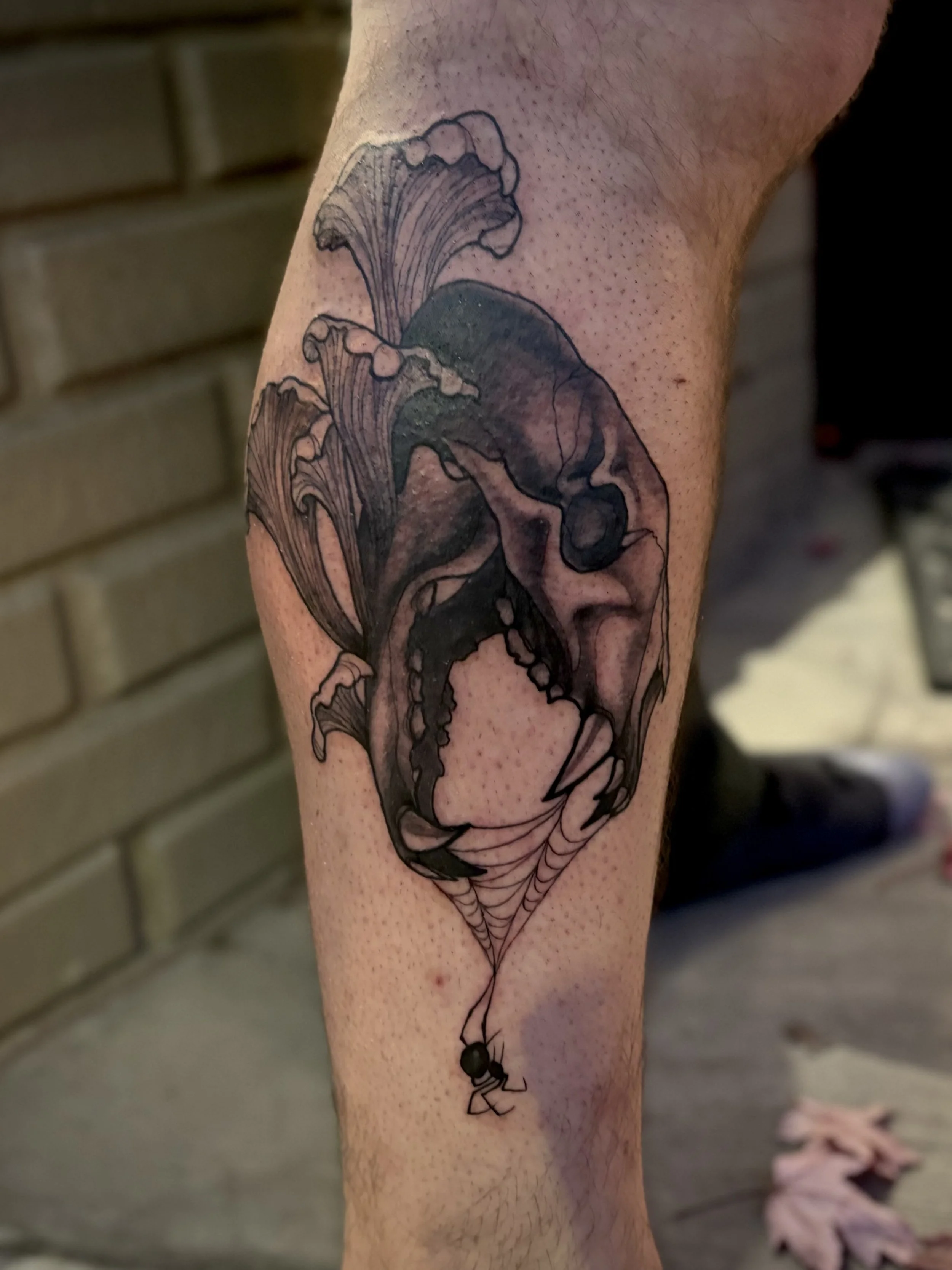 A tattoo of a roaring bear skull, with open mouth and sharp teeth. The bear skull is large and detailed, with prominent features and shadows. A spider is hanging from the animal's lower jaw on a web and mushrooms are growing from the top of it.