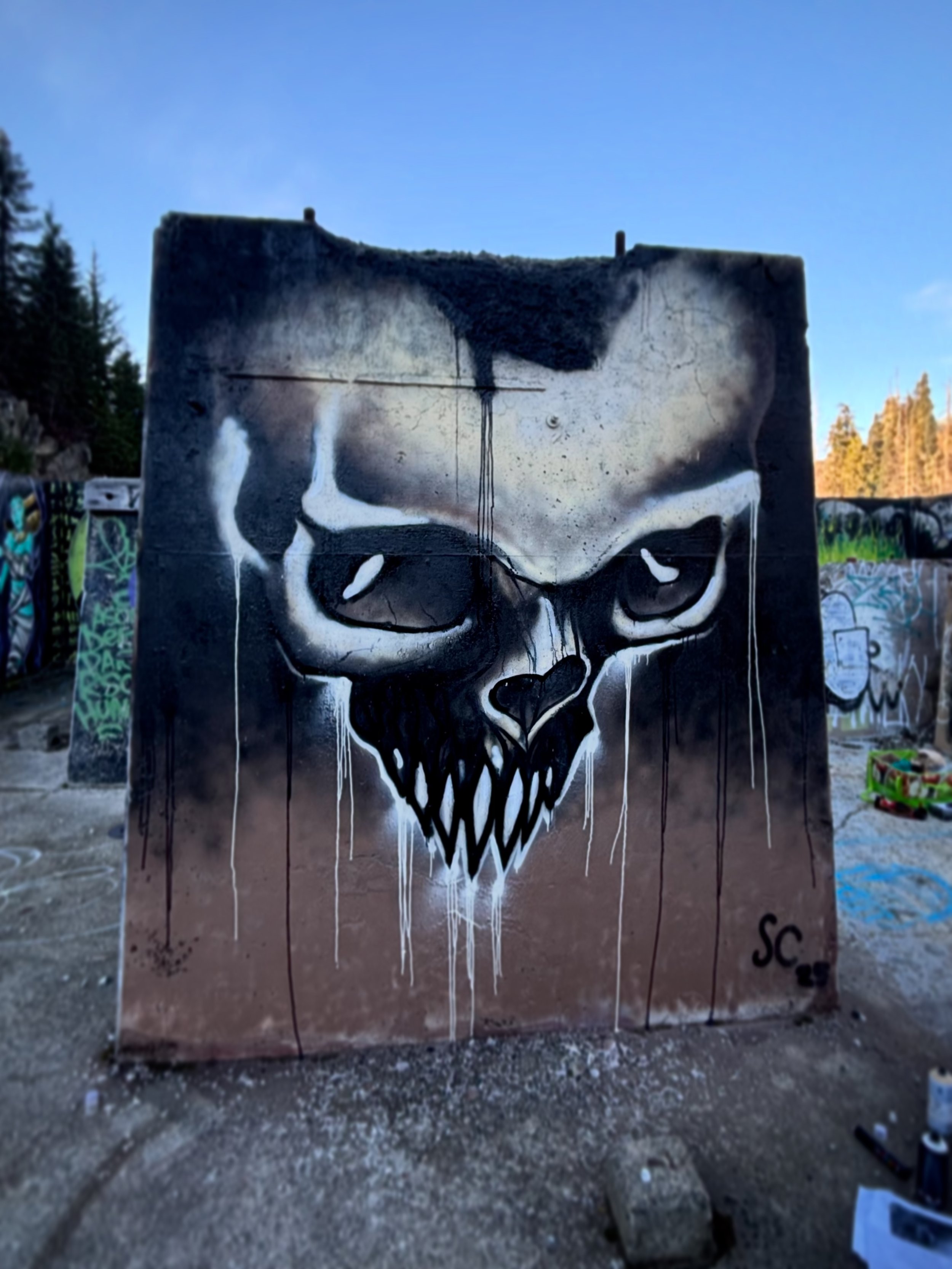 Graffiti of a large skull with sharp teeth painted on a large, rectangular concrete wall outdoors.