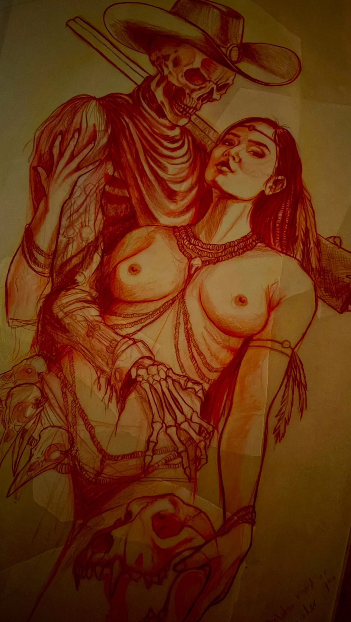 A fantasy-style drawing of a skeleton with a cowboy hat, holding a woman with long hair and tribal jewelry, with skulls and bones attached to her hips.