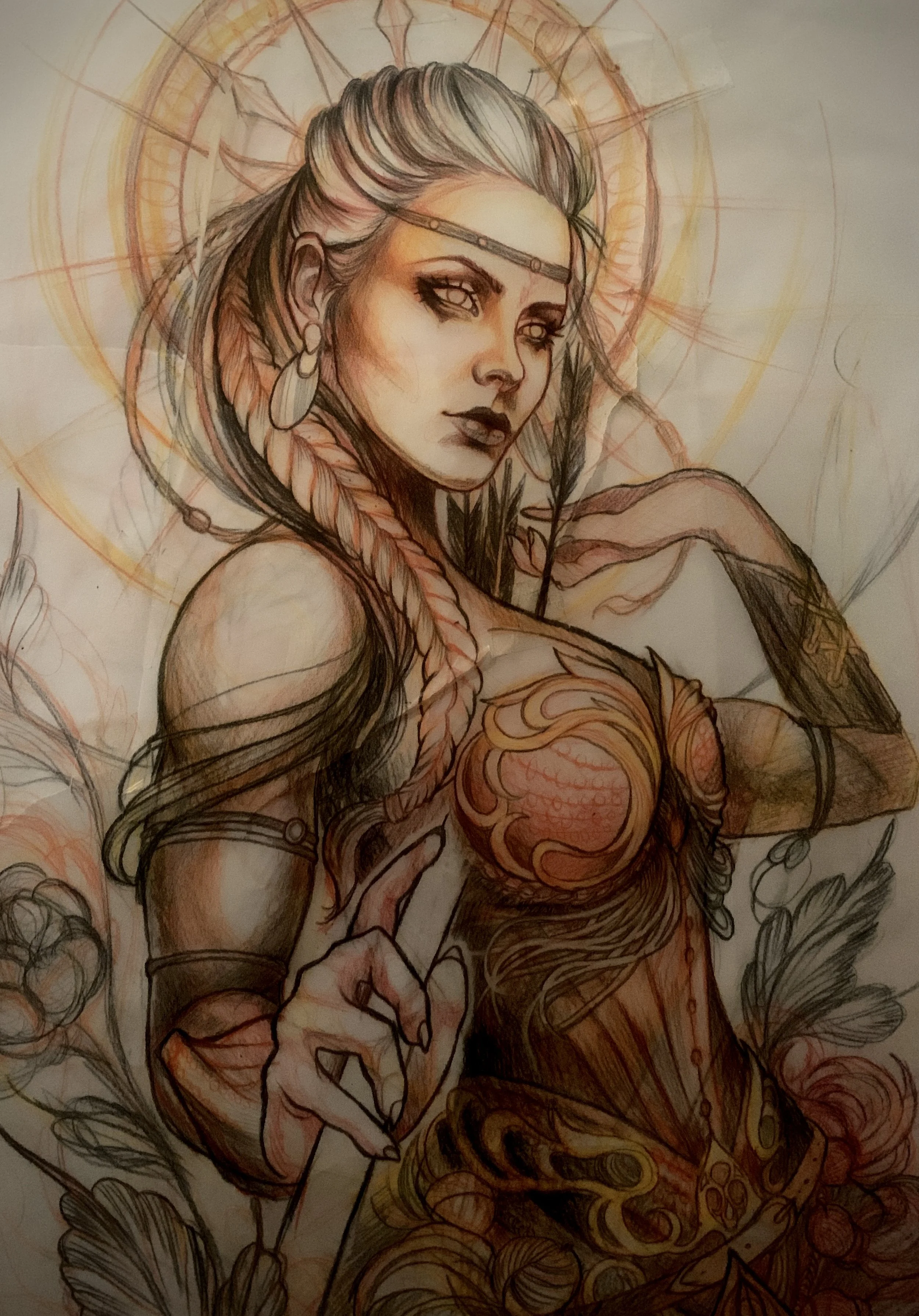A detailed fantasy-style drawing of a woman with a halo, wearing tribal jewelry and armor, with long braided hair and a confident expression, reaching back to take an arrow from her quiver.