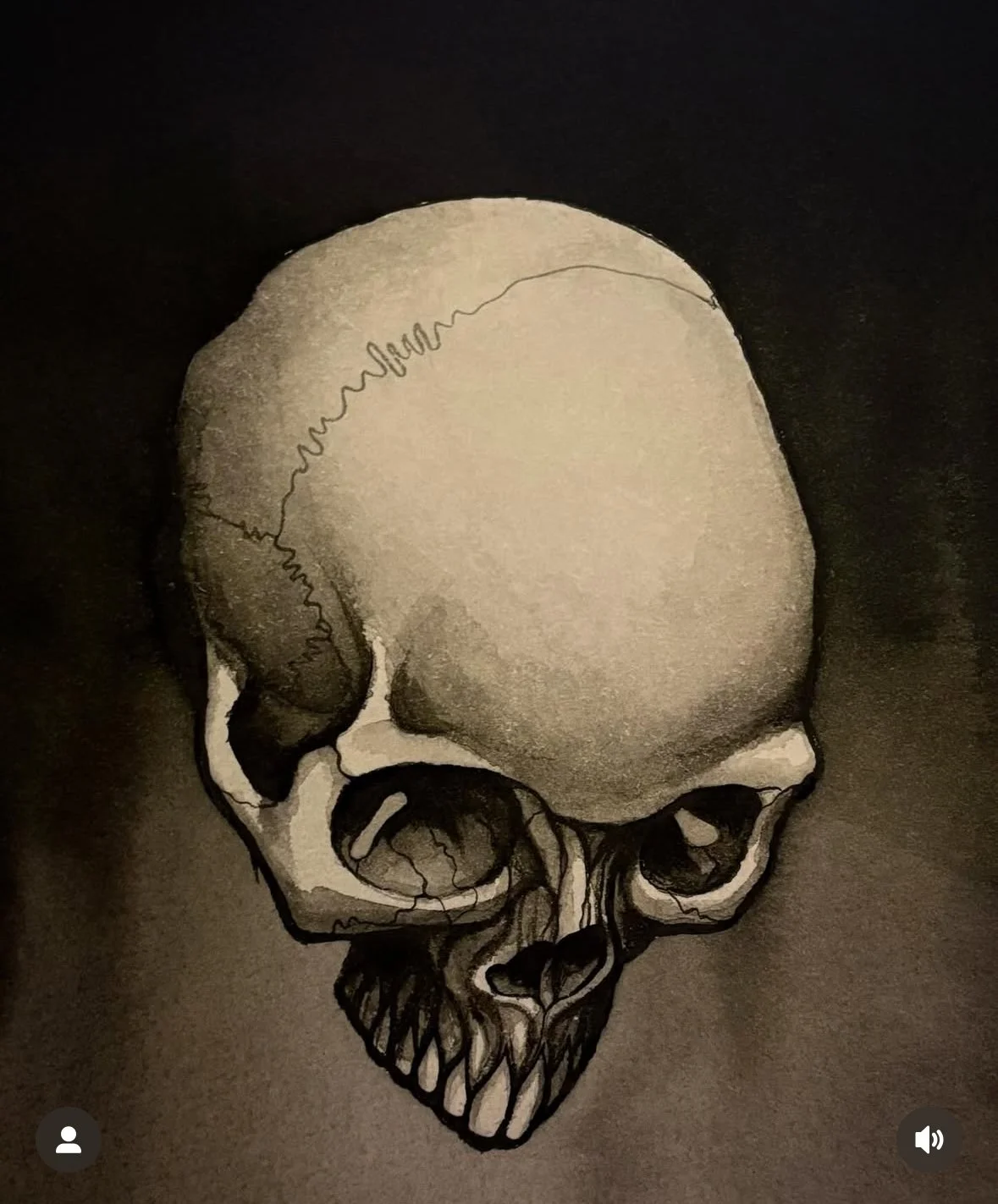 A black and white human skull painting. The skull is floating in empty blackness.