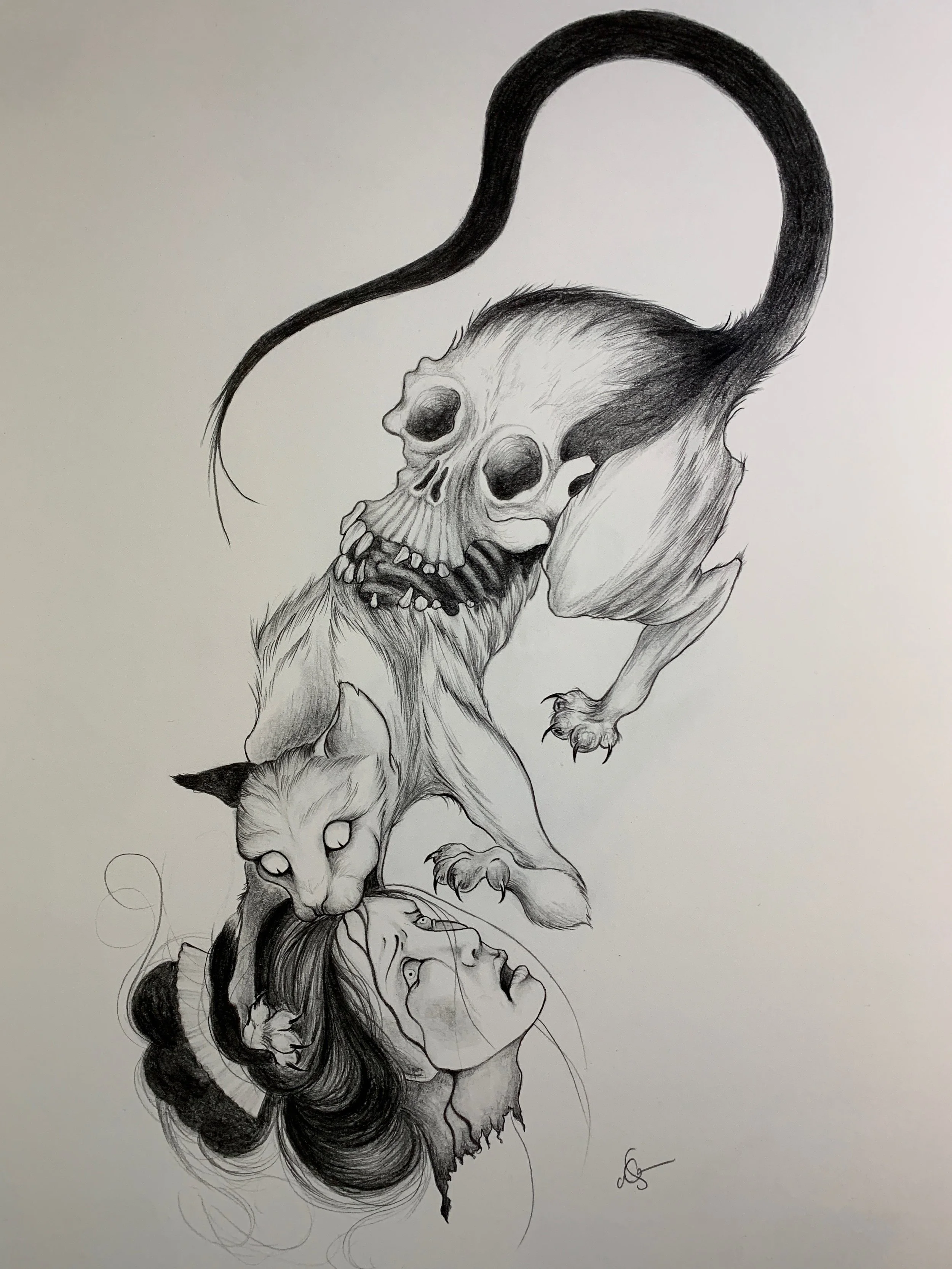 A detailed black and white drawing of a cat eating a geisha's decapitated head, with a skull emerging out of its back. 
