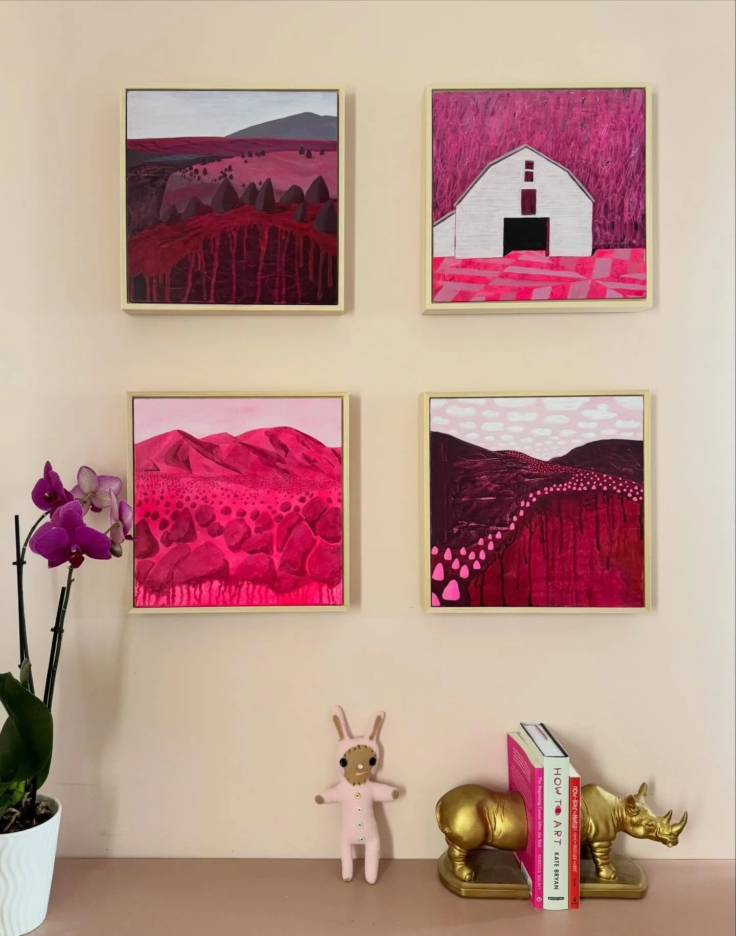 These paintings from my Roots and Reverence collection are still available.. 
I love how these 12 x 12 pantings look hanging in pairs and groups.  More pink! More joy! 

DM if you want one 😘

#dopamineart &ldquo;landscapepainting #taosartist #Newmex