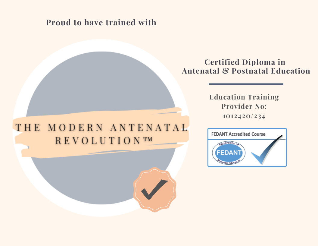 Official signage displaying 'Qualified Antenatal and Postnatal Coach' and part of 'The Modern Antenatal Revolution' symbolising expertise in Antenatal Classes Walthamstow and postnatal support.